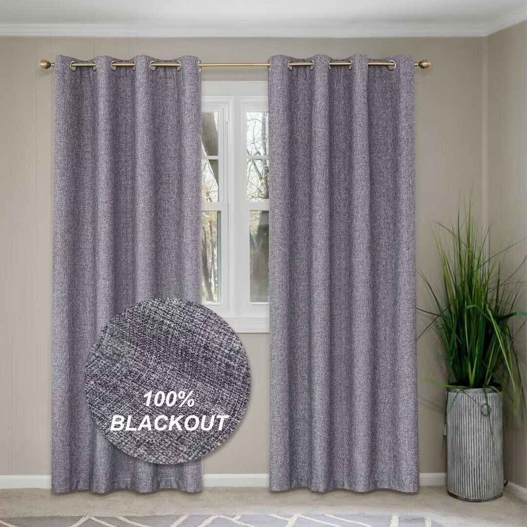 Linen Textured 100% Blackout Grommet Curtain Pair(Set of 2)