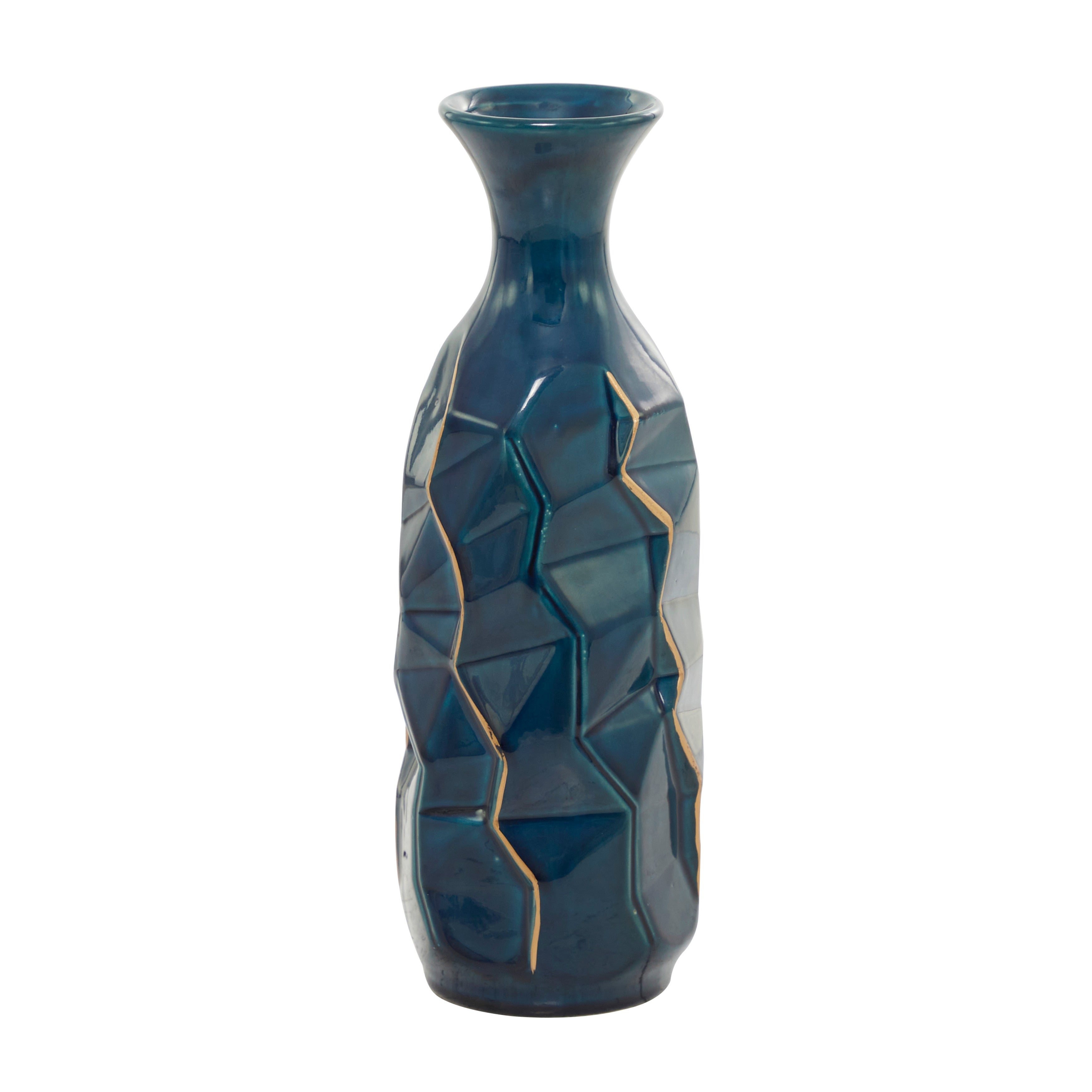 Ceramic Faceted Vase with Gold Accents - Teal - Roche River Decor