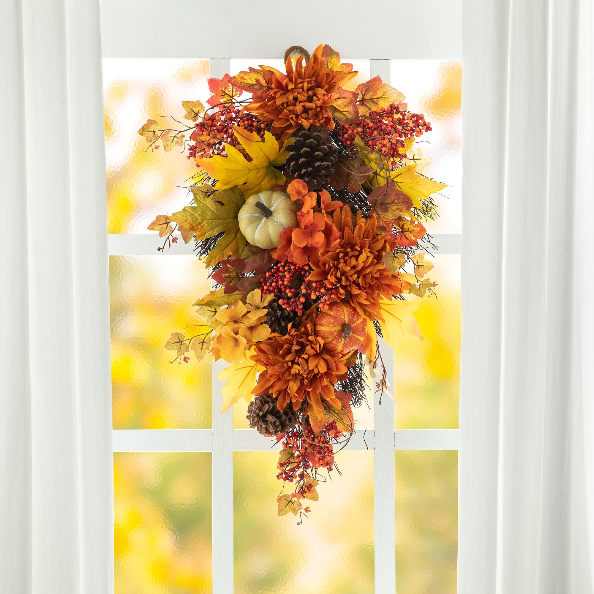 Glitzhome 26H Fall Sunflower Pumpkin Lotus Leaf Teardrop Swag for Thanksgiving