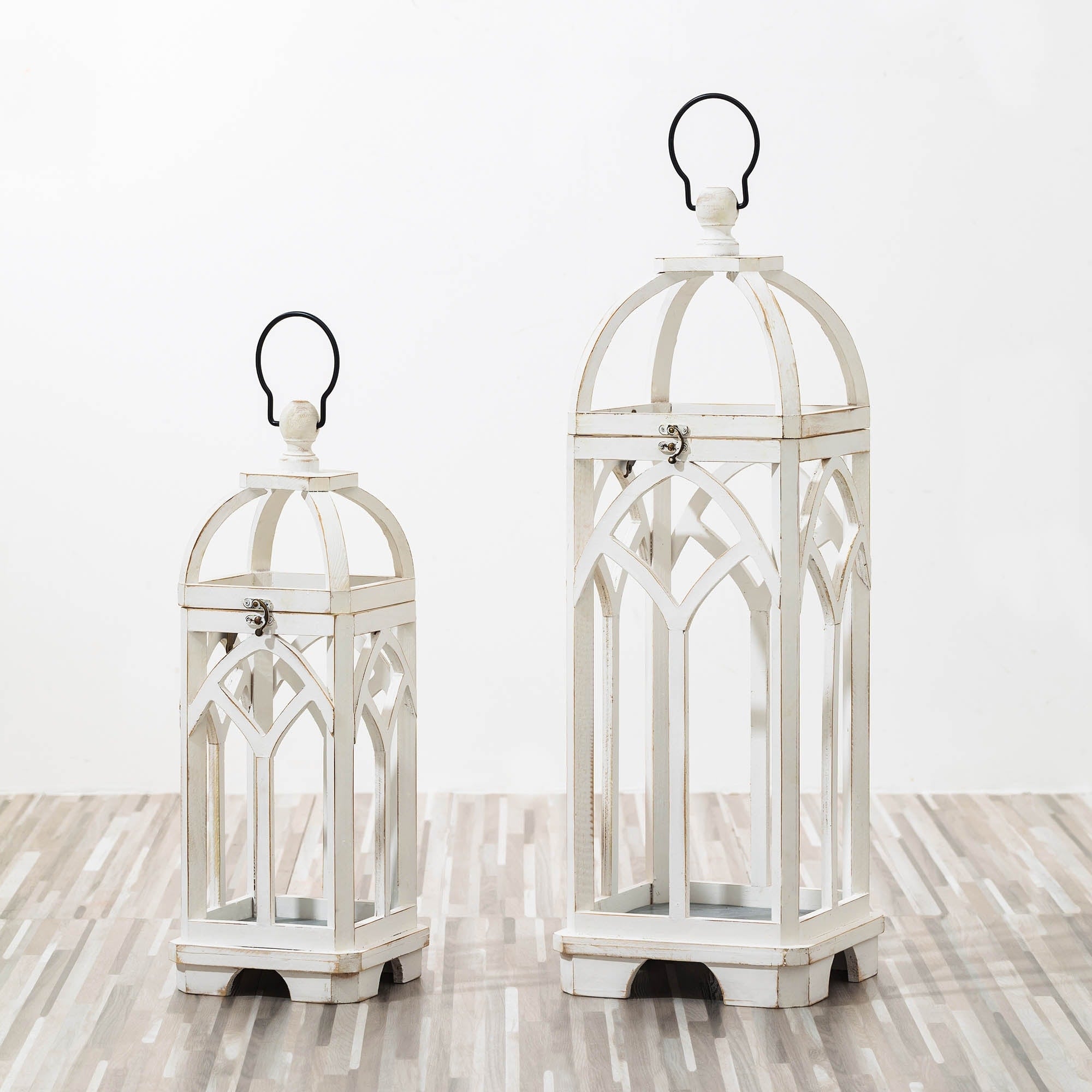 Glitzhome Set of 2 Wooden Church Style Fall Decorative Lanterns Candle Holders