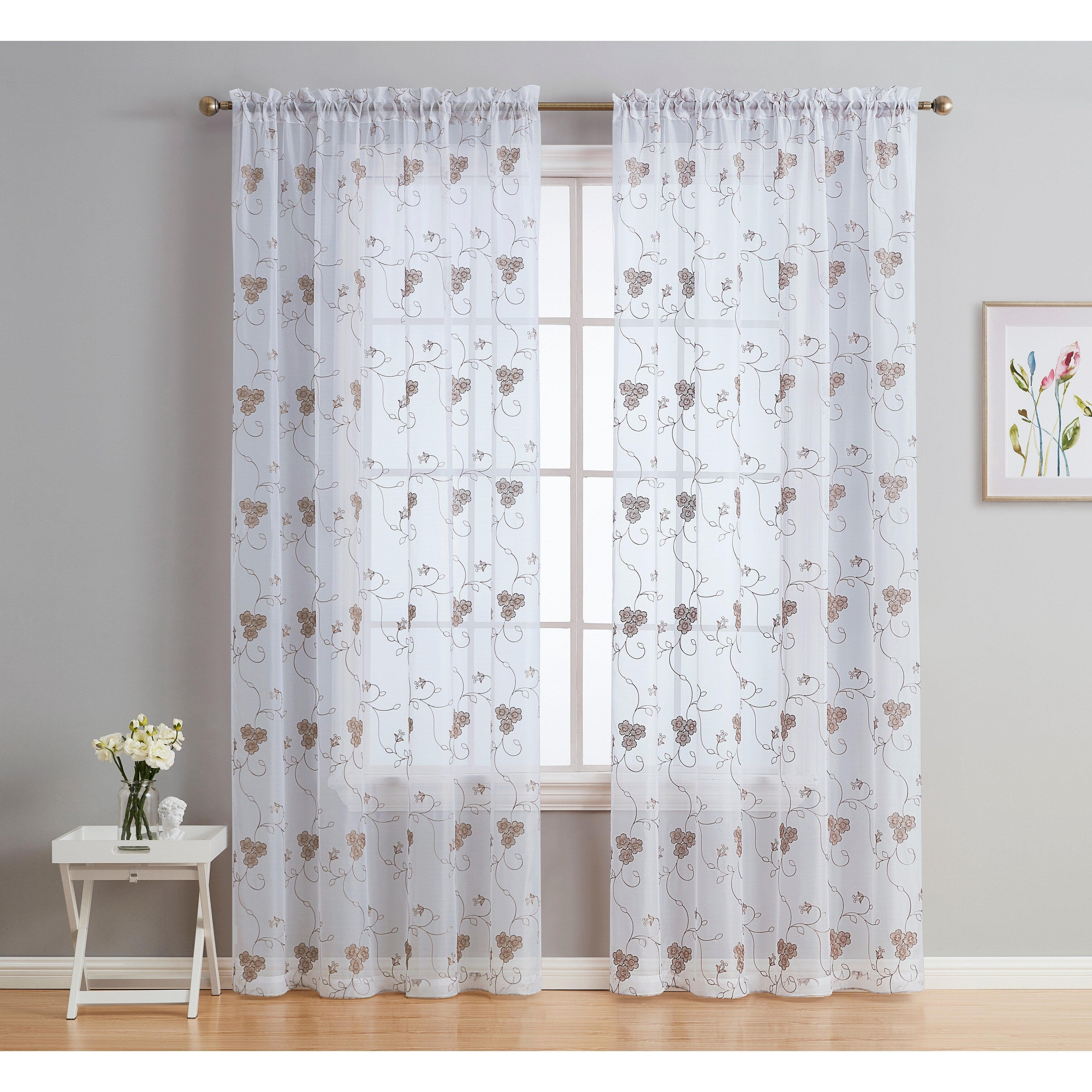 HLC.me Allegra Floral Vine Embroidered Sheer Light Filtering Window Curtain Drapery Rod Pocket Top Panels, Set of 2