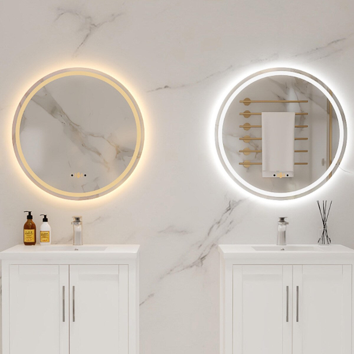 Round Smart LED Bathroom Mirror, 24''/30''/36'' Lighted Wall Mounted Vanity Mirror, Anti-fog, Frameless,Three Color, Dimmable