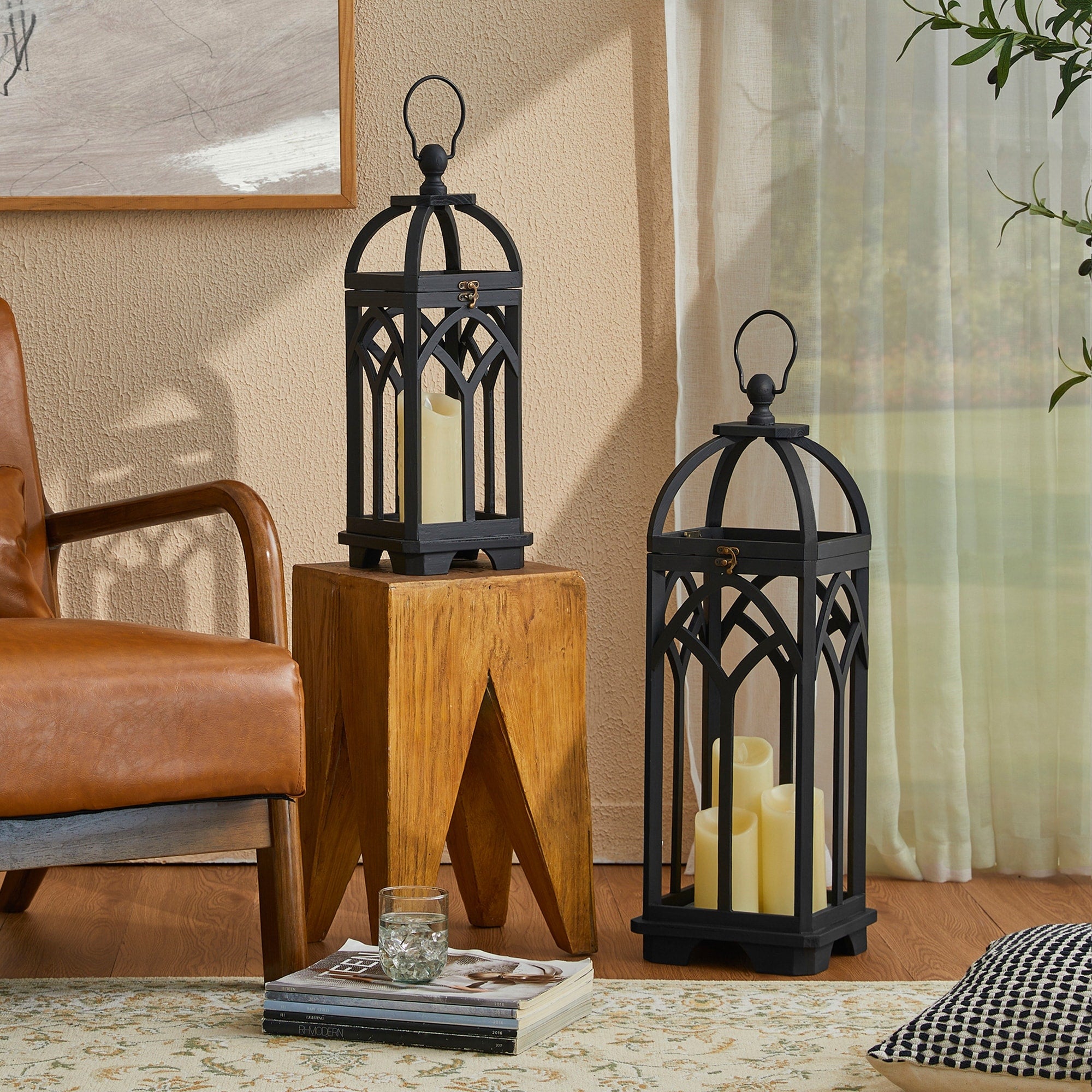 Glitzhome Set of 2 Wooden Church Style Fall Decorative Lanterns Candle Holders