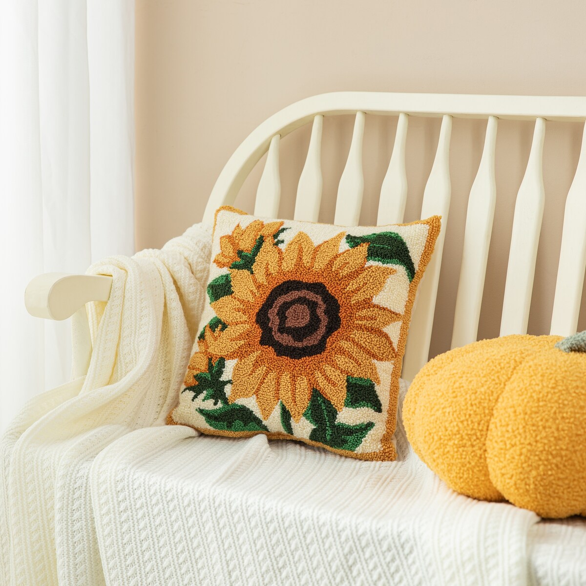 Glitzhome 14''H Fall Hooked Pumpkin & Sunflower Pillow