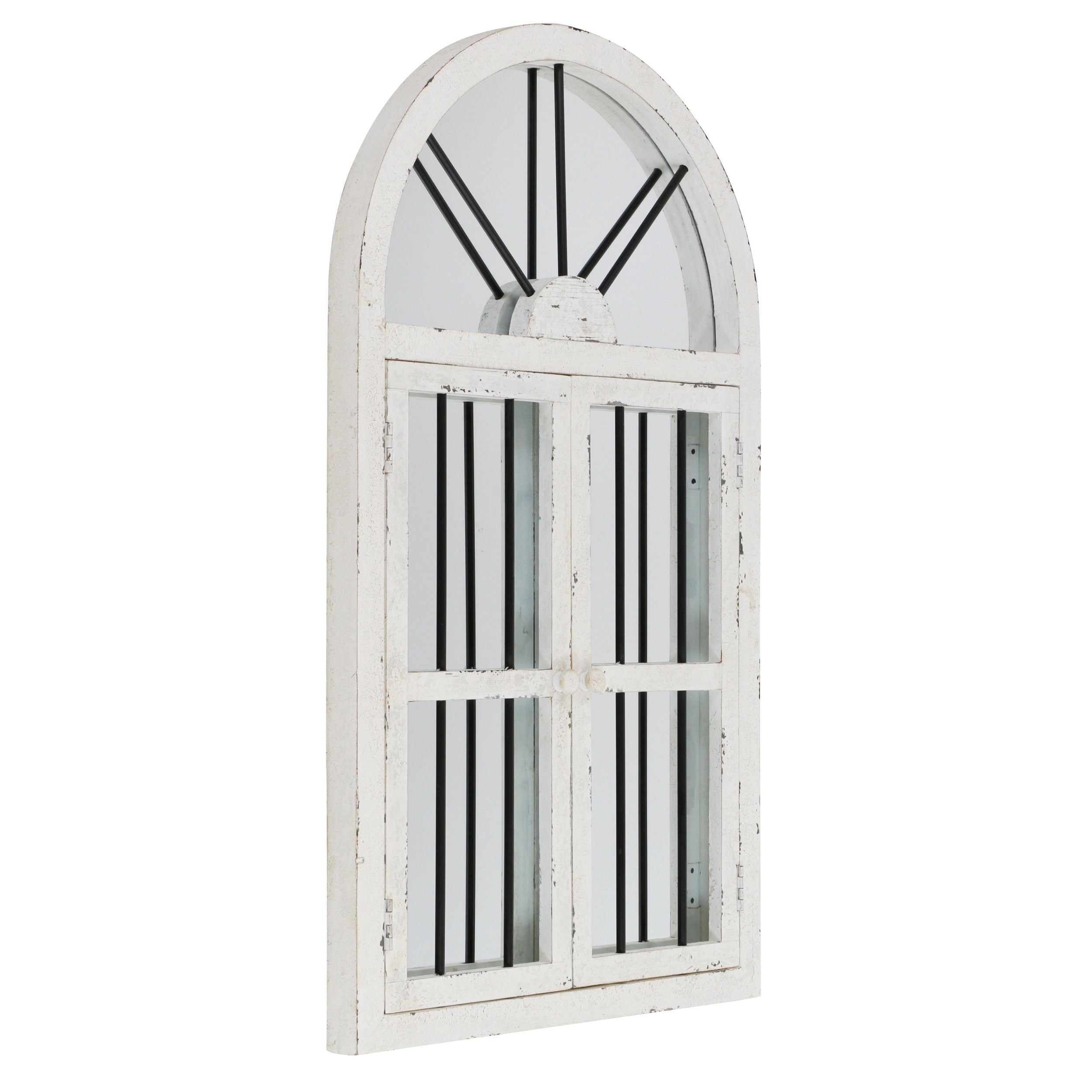 Distressed White Wood Arched Window Wall Mirror, 25 x 42