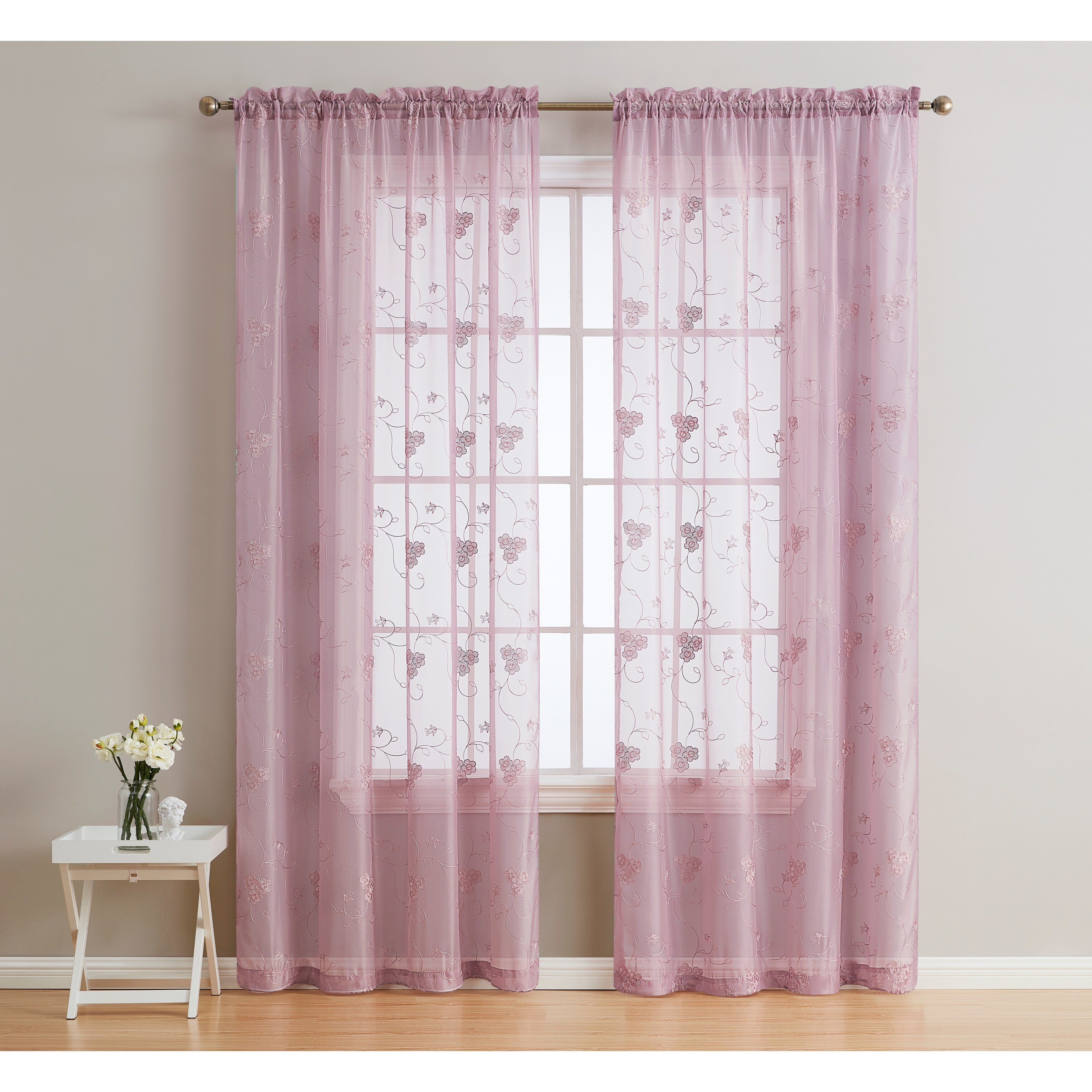 HLC.me Allegra Floral Vine Embroidered Sheer Light Filtering Window Curtain Drapery Rod Pocket Top Panels, Set of 2