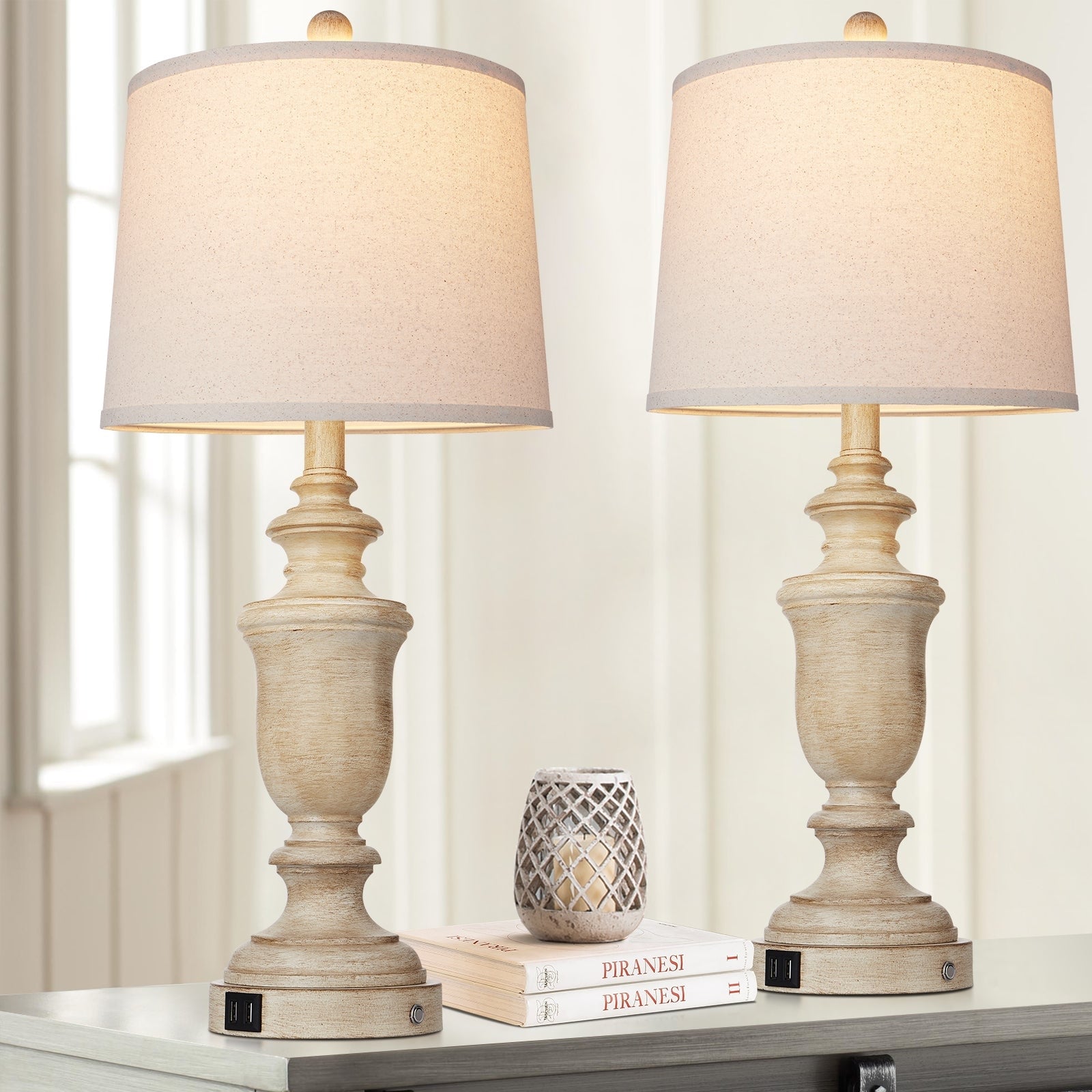 Beige Resin Table Lamps USB and Type-C Ports 3-Way Touch Switch (Set of 2) - 12.5'' x 12.5'' x 25.6'' (L x W x H)