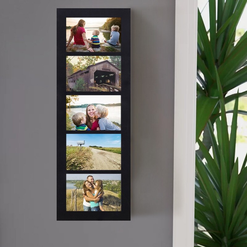 Adeco Decorative Black Wood Wall Hanging Picture Frame with 5 Divided 4x6-inch Openings