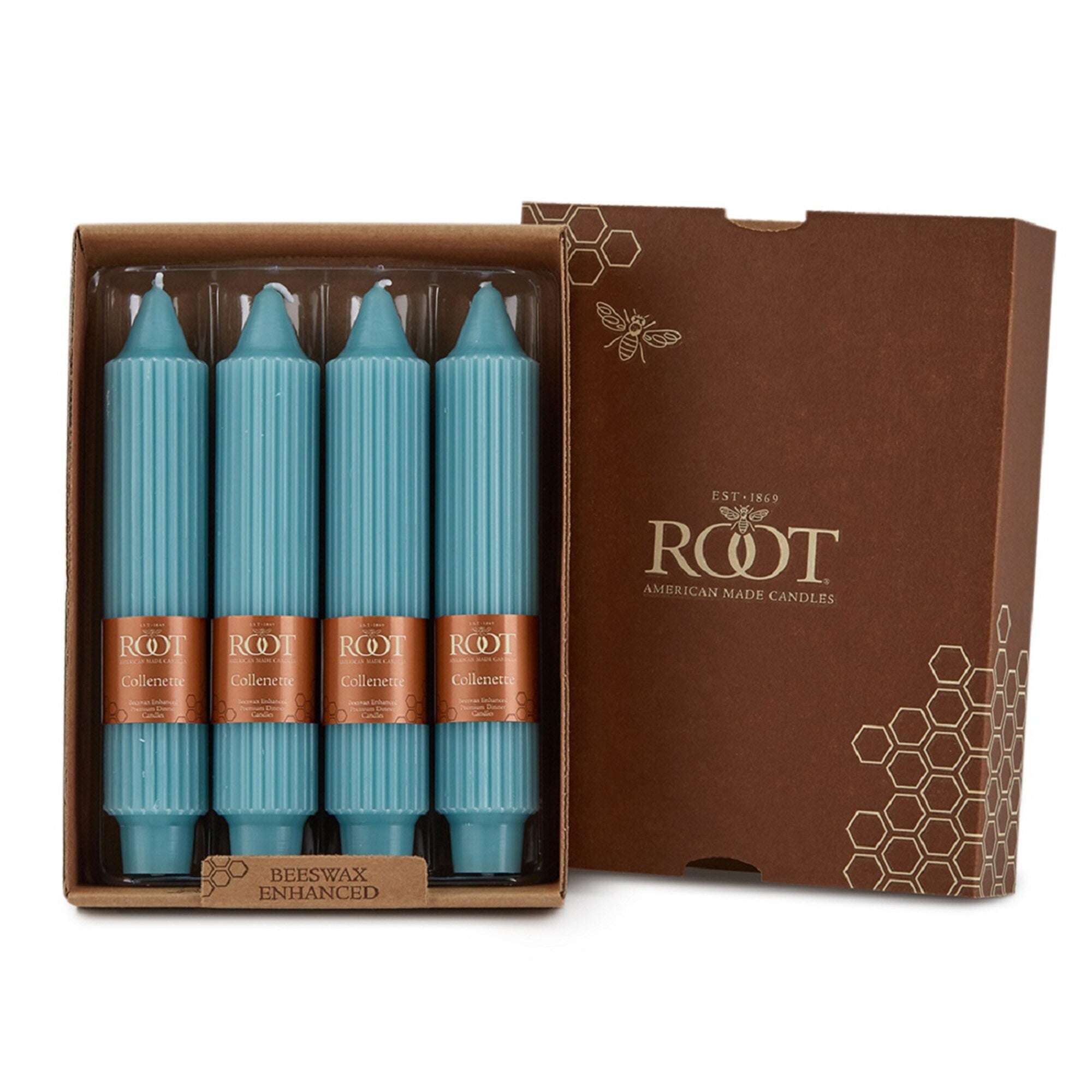 Root Unscented Grecian Collenette Taper Candles box of 4