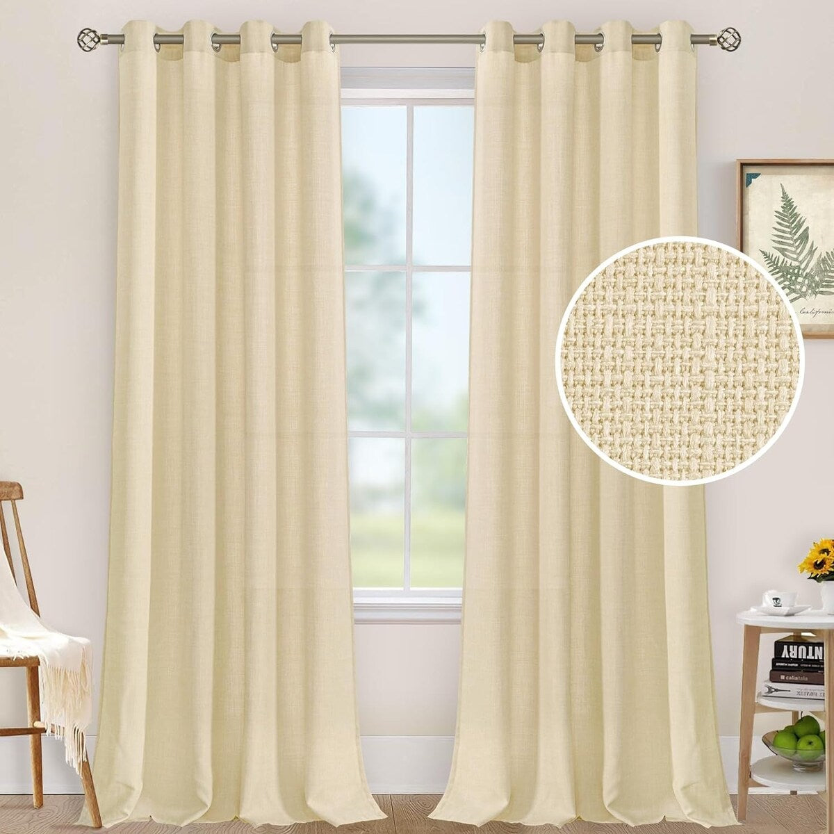 Natural Linen Curtains for Living Room, Faux Linen Textured Privacy Drapes Grommet Boho Panels, Set of 2 Panels