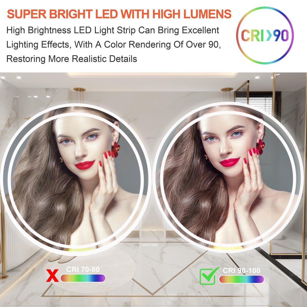 Round Smart LED Bathroom Mirror, 24''/30''/36'' Lighted Wall Mounted Vanity Mirror, Anti-fog, Frameless,Three Color, Dimmable