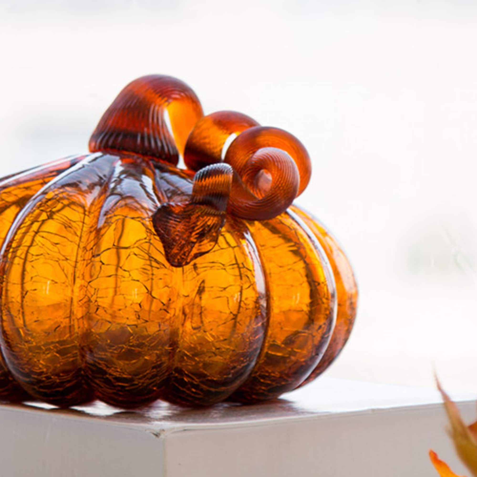 Glitzhome Amber Crackle Handblown Fall Harvest Glass Pumpkins for Thanksgiving Decor