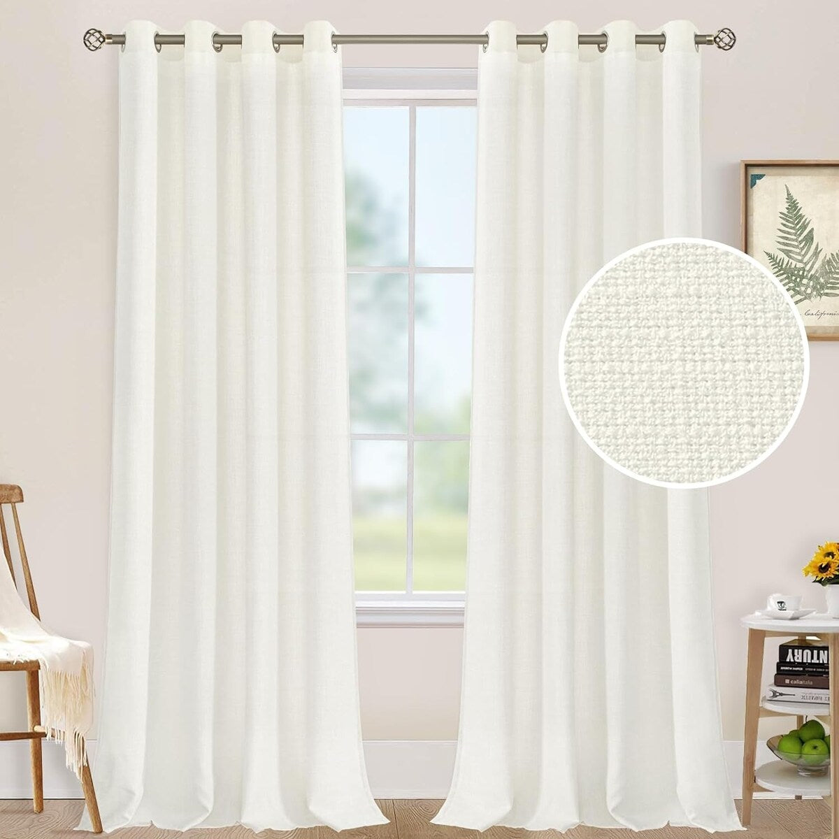 Natural Linen Curtains for Living Room, Faux Linen Textured Privacy Drapes Grommet Boho Panels, Set of 2 Panels