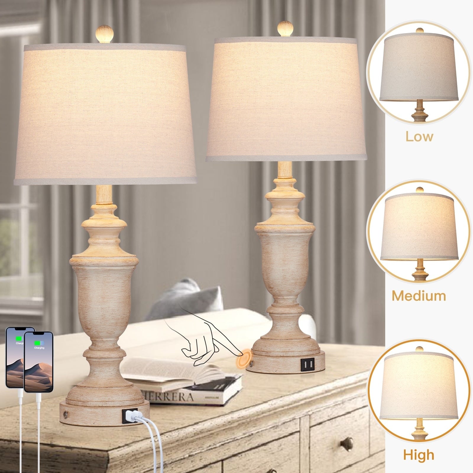 Beige Resin Table Lamps USB and Type-C Ports 3-Way Touch Switch (Set of 2) - 12.5'' x 12.5'' x 25.6'' (L x W x H)