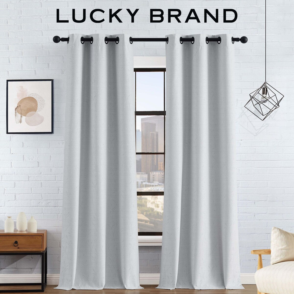 Lucky Brand Sondra Textured Leaf Pattern Blackout Grommet Window Curtain Panel Pair with Tiebacks