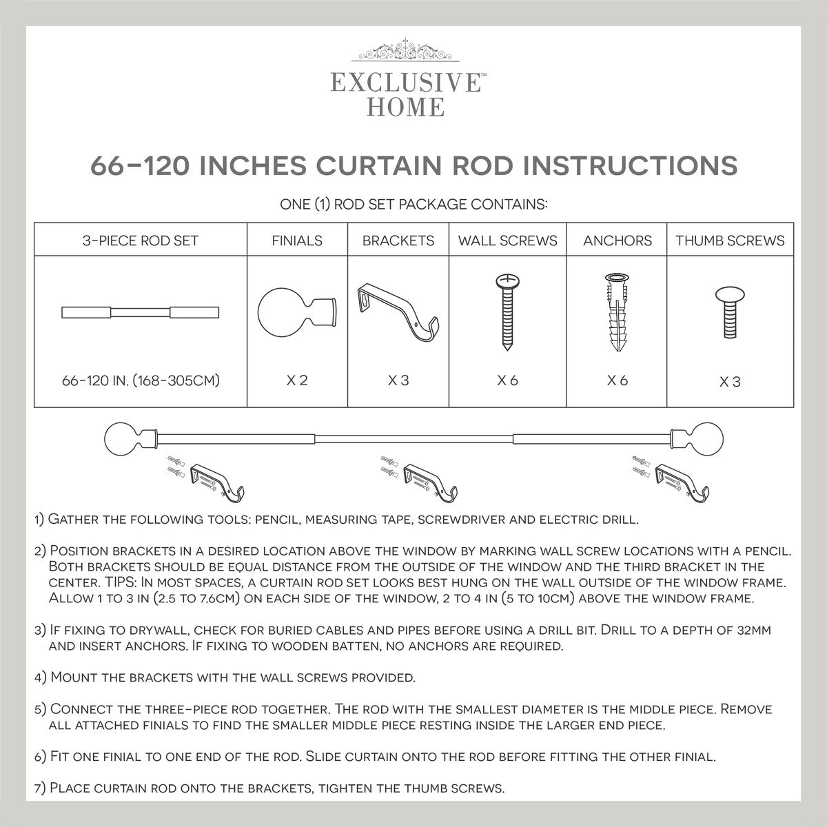 ATI Home Rockwell 1 Adjustable Window Curtain Rod and Finial Set