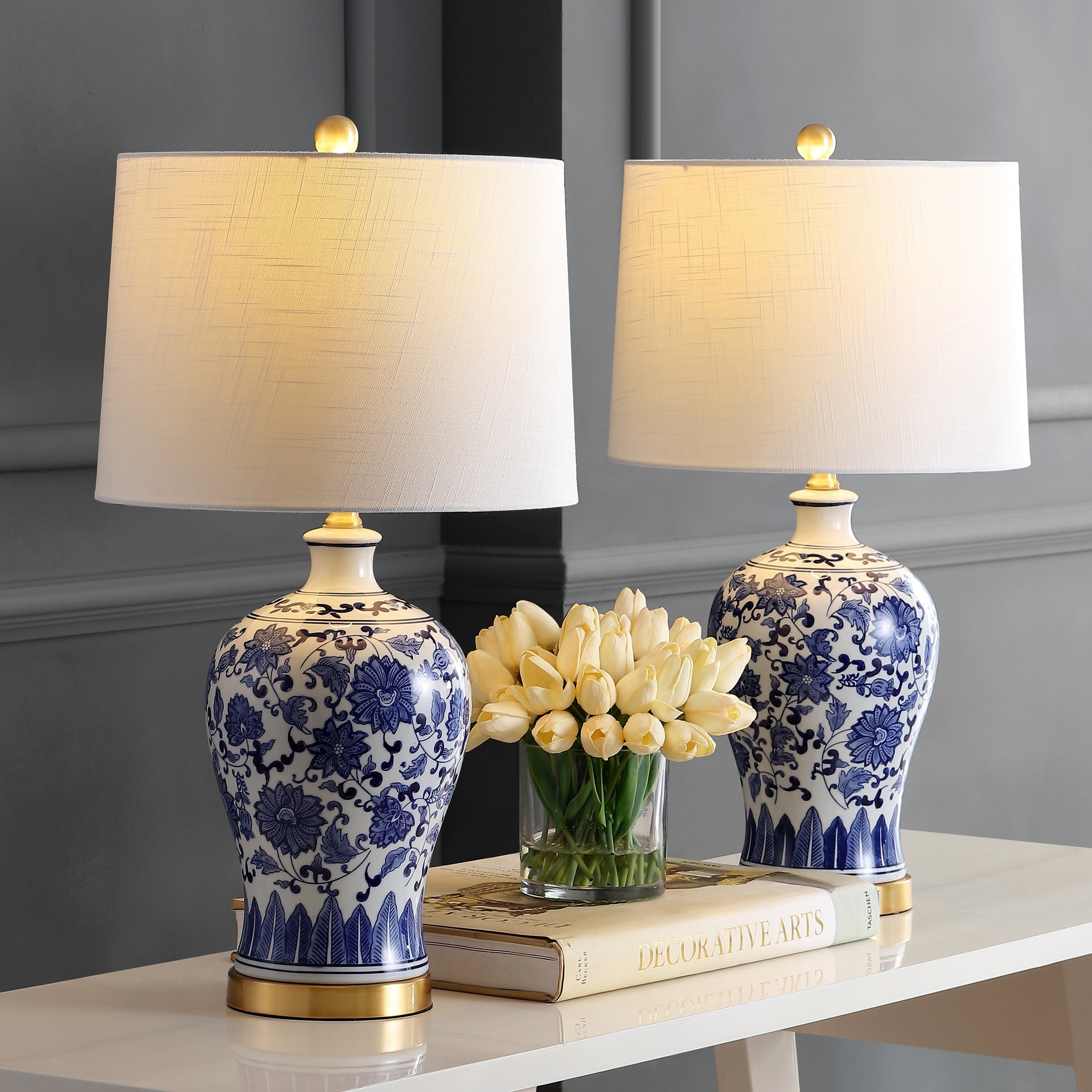 Allen 25.75 Ceramic/Metal LED Table Lamp, Blue/White (Set of 2) by JONATHAN Y