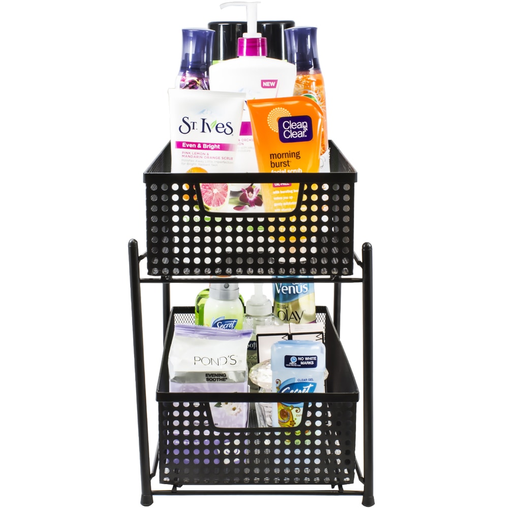 2 Tier Organizer Baskets with Mesh Sliding Made of Steel (Black)