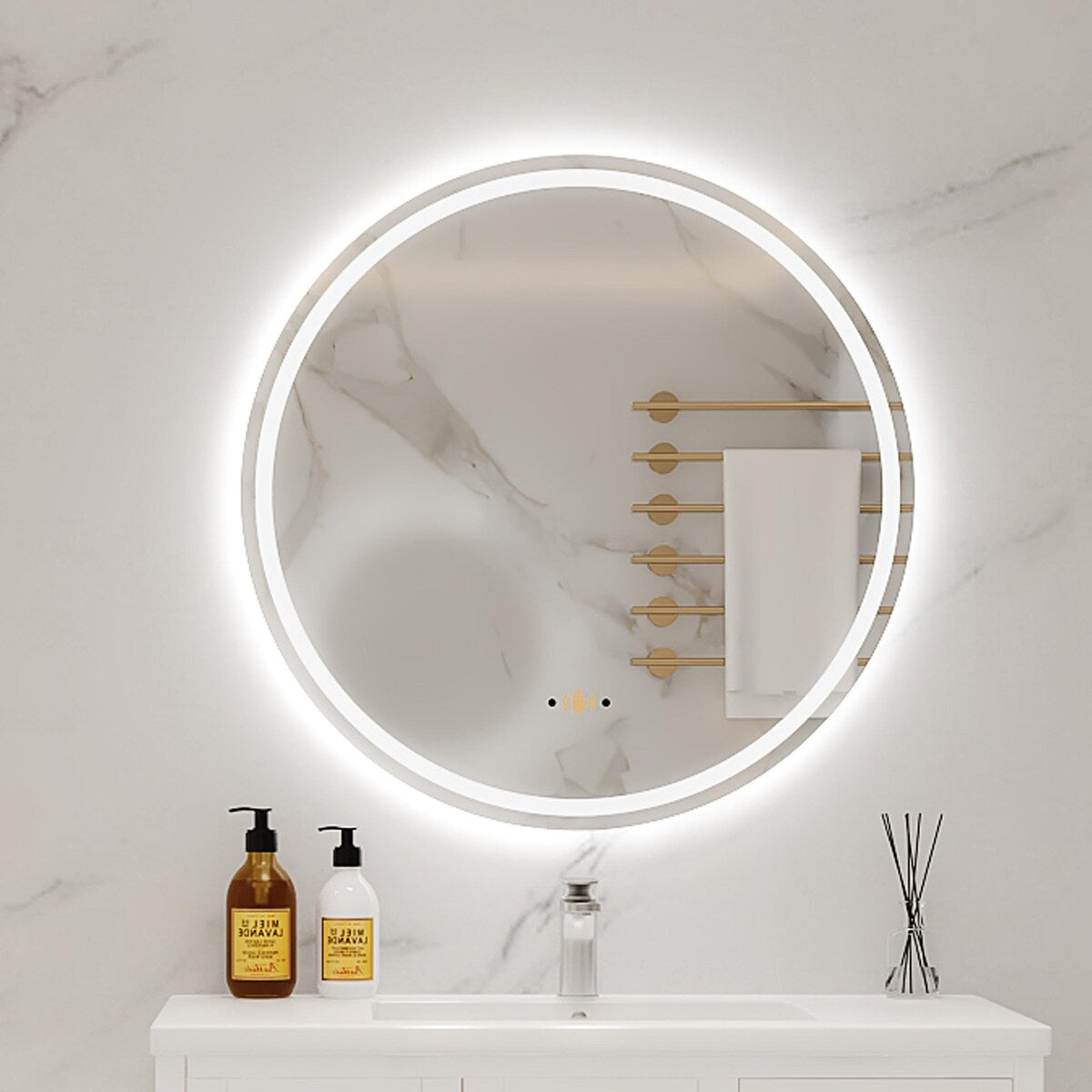 Round Smart LED Bathroom Mirror, 24''/30''/36'' Lighted Wall Mounted Vanity Mirror, Anti-fog, Frameless,Three Color, Dimmable