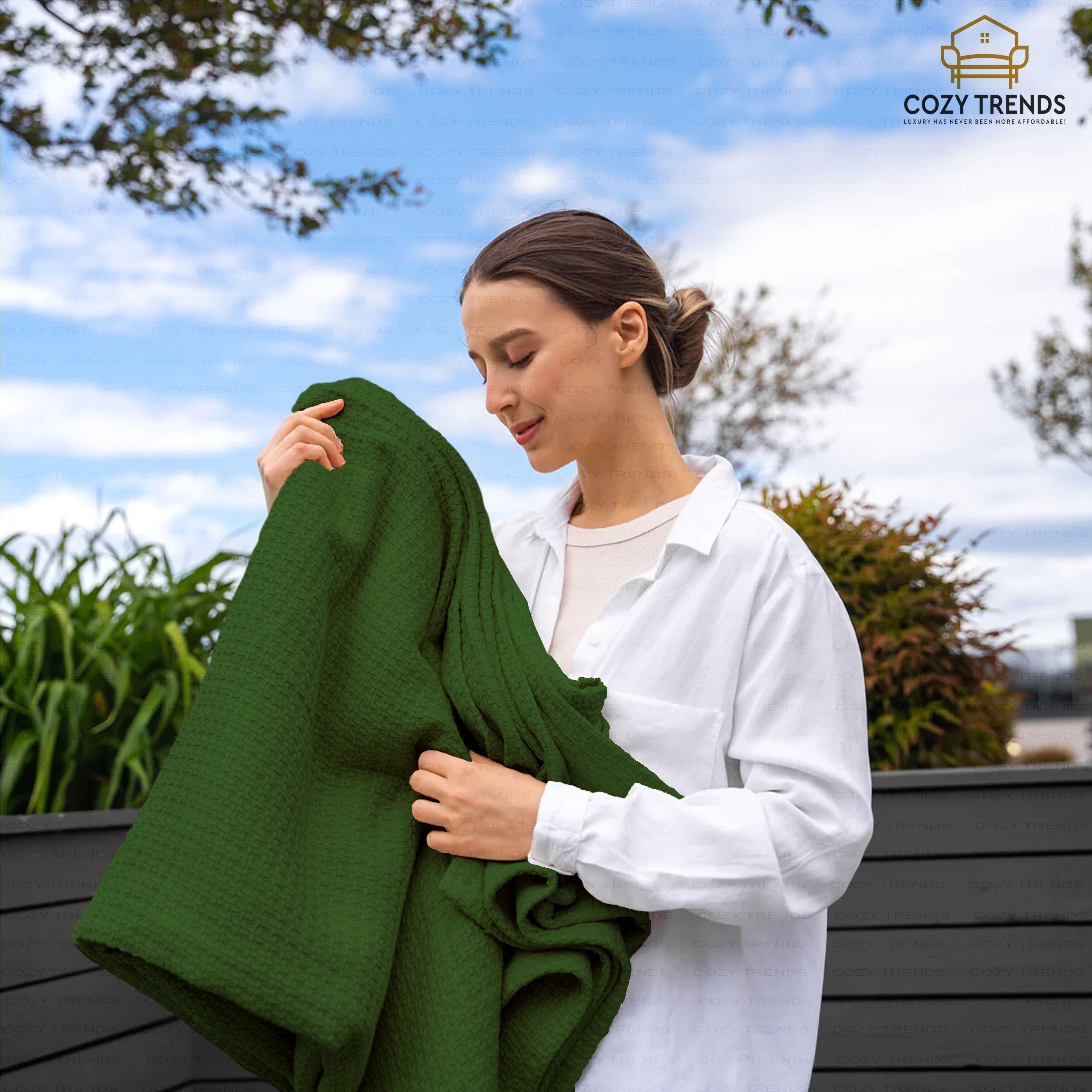 100% Cotton Basket Weave Thermal Bed Blanket Breathable Soft Layering All Season Medium Weight