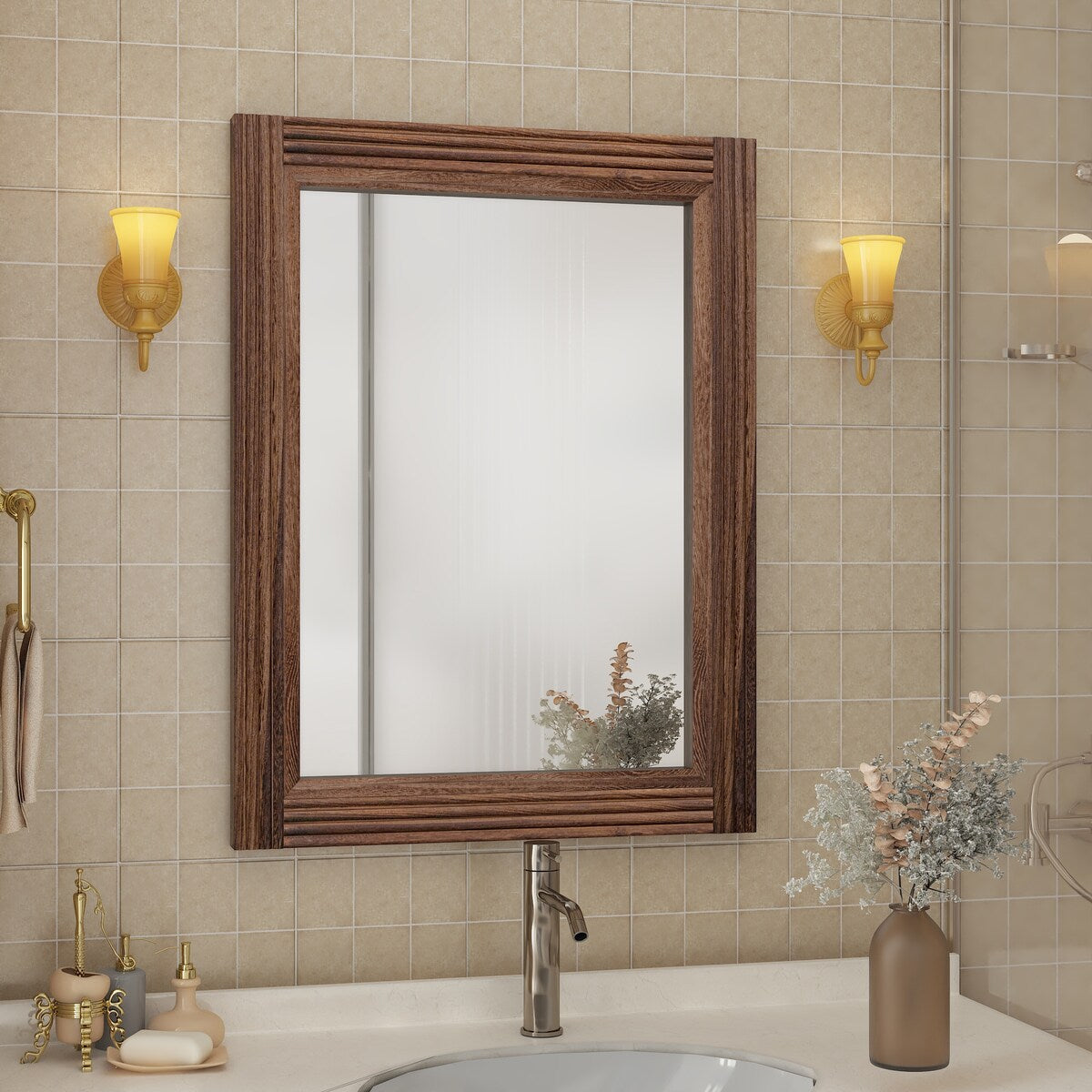 Solid Wood Frame Flat Bathroom Mirror