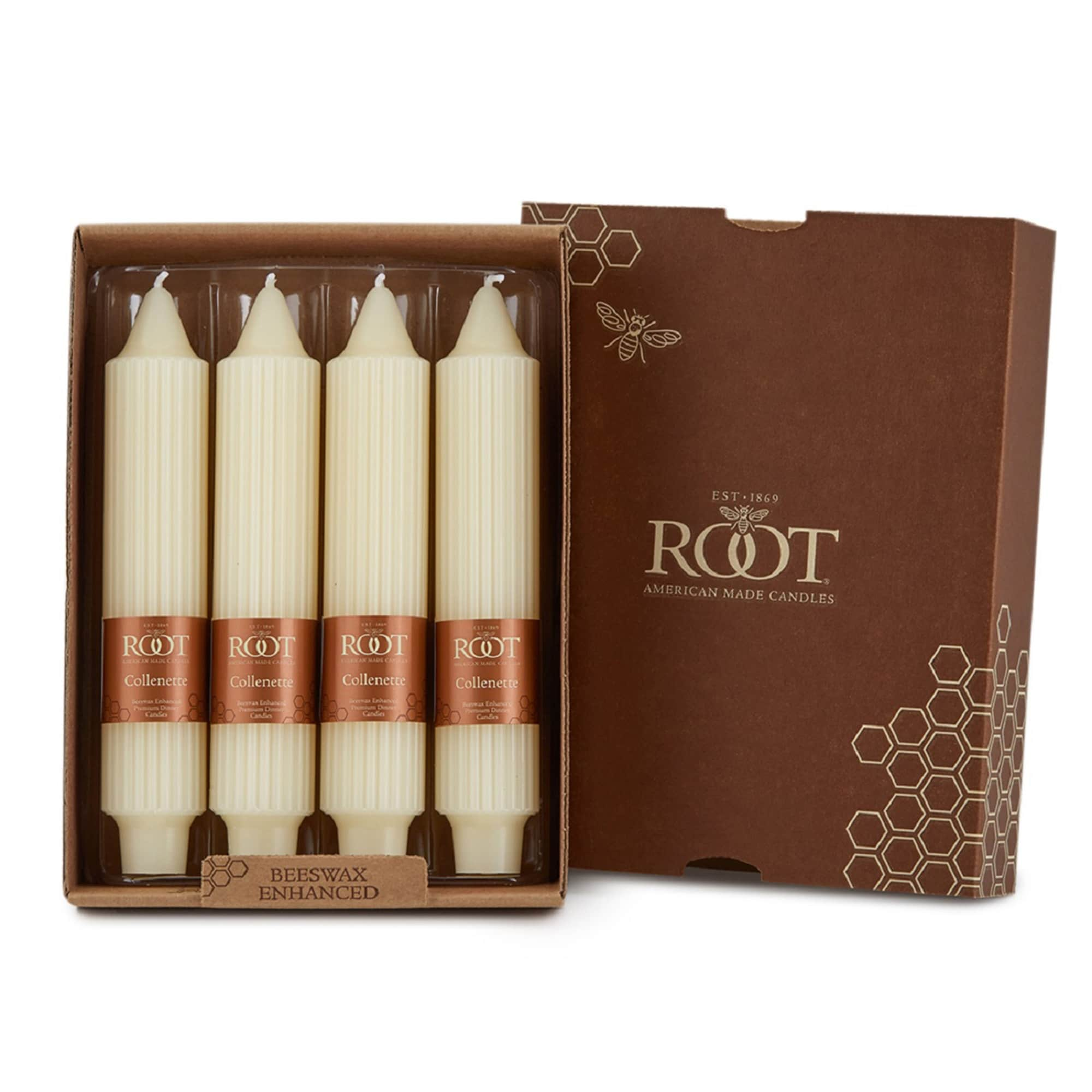 Root Unscented Grecian Collenette Taper Candles box of 4