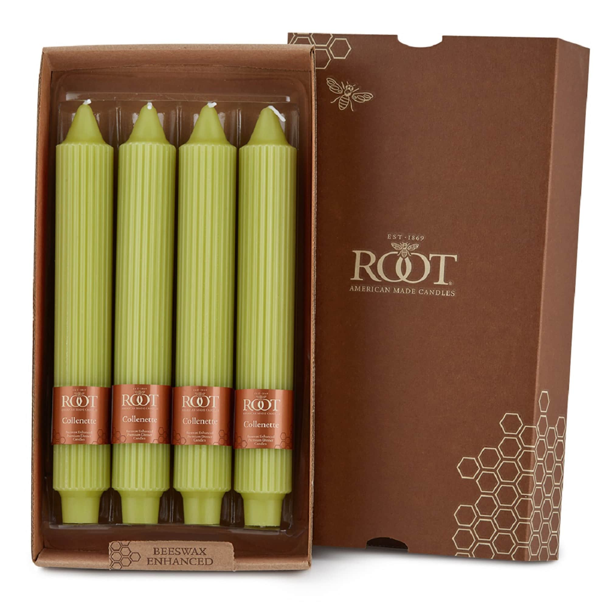 Root Unscented Grecian Collenette Taper Candles box of 4