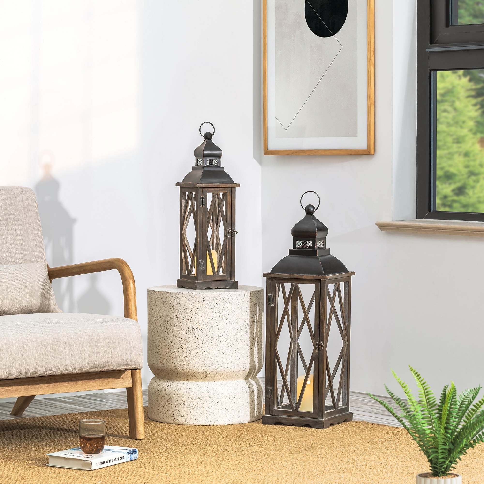 Glitzhome 2-Piece Oversize Farmhouse Wood/ Metal Hanging Candle Holders Decorative Lanterns