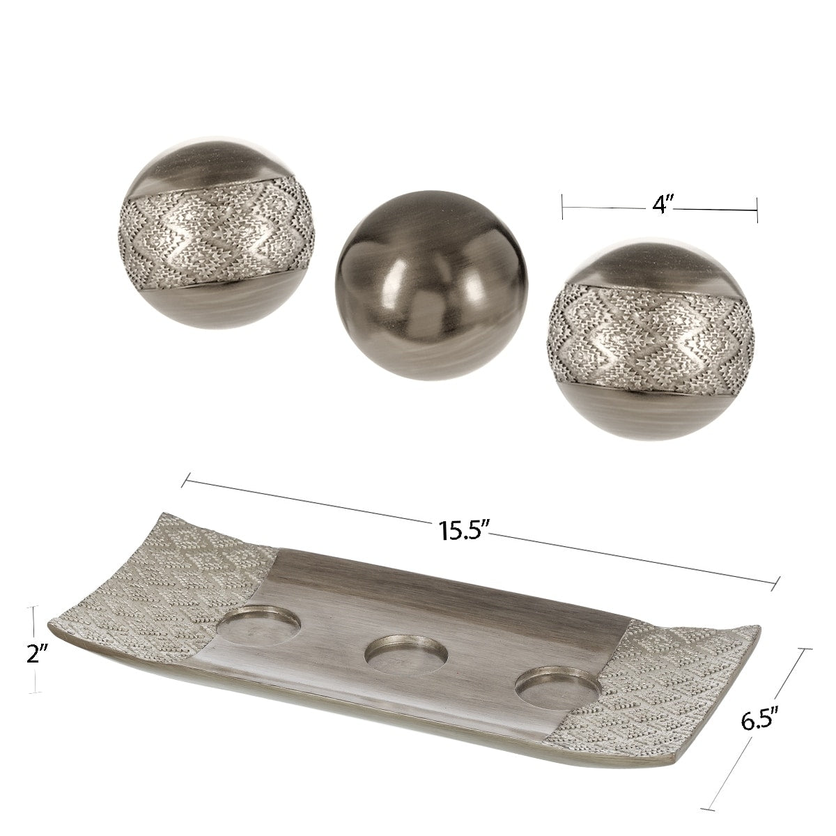 Creative Scents Dublin Brushed Silver Decorative Tray and Orbs/Balls (Set of 3)