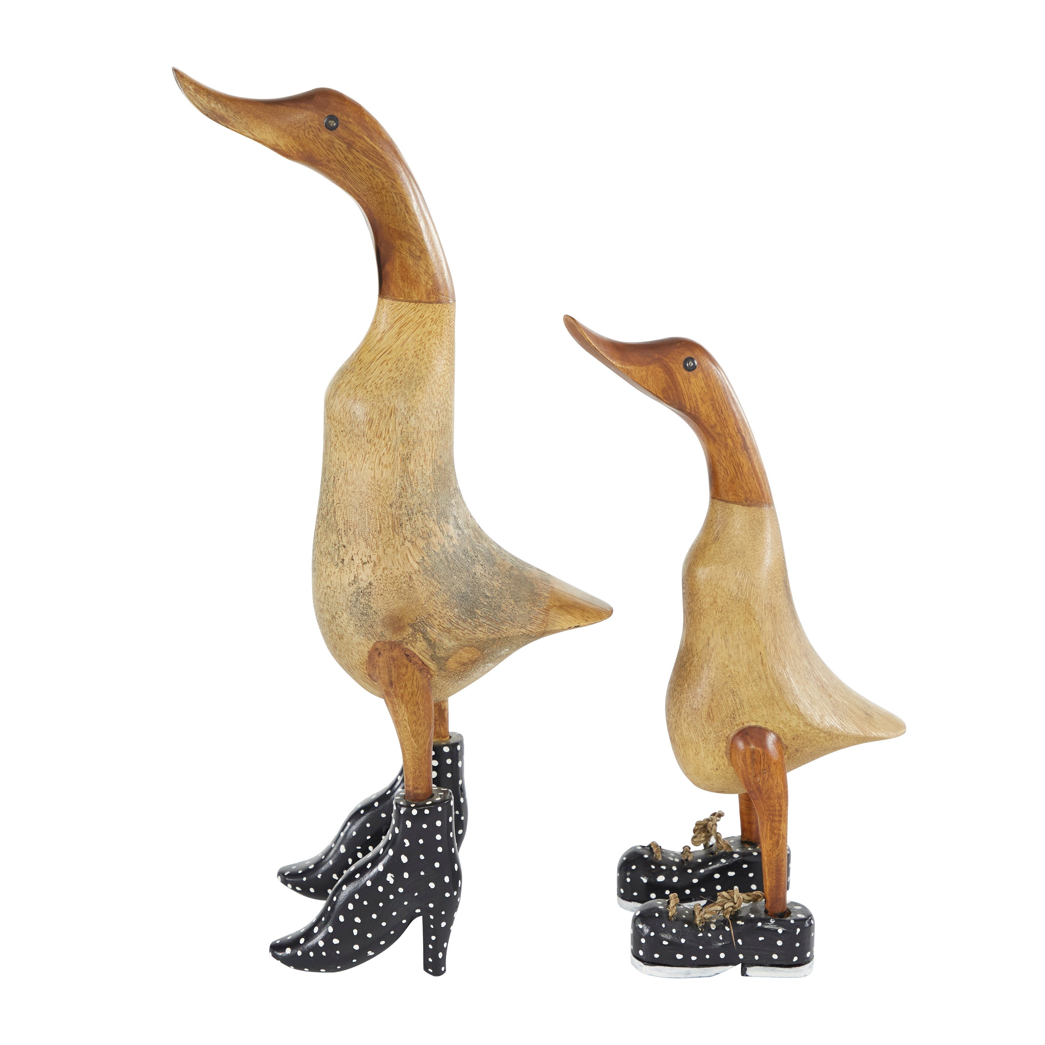 Brown Bamboo Wood Duck Decorative Sculpture with High Heels and Boots (Set of 2)