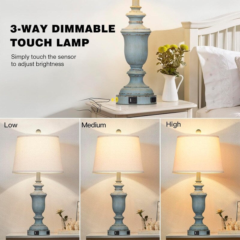 Rustic Table Lamp (Set of 2), 3-Way Dimmable Touch Lamp - 12.5D x 12.5W x 25.6H