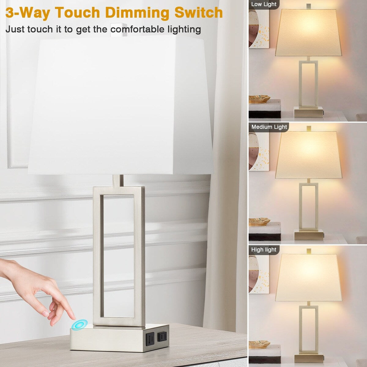 White Table Lamps 3-way Touch Dimming Switch Charging Ports (Set of 2) - 12'' x 6.5'' x 23.5'' (L x W x H)