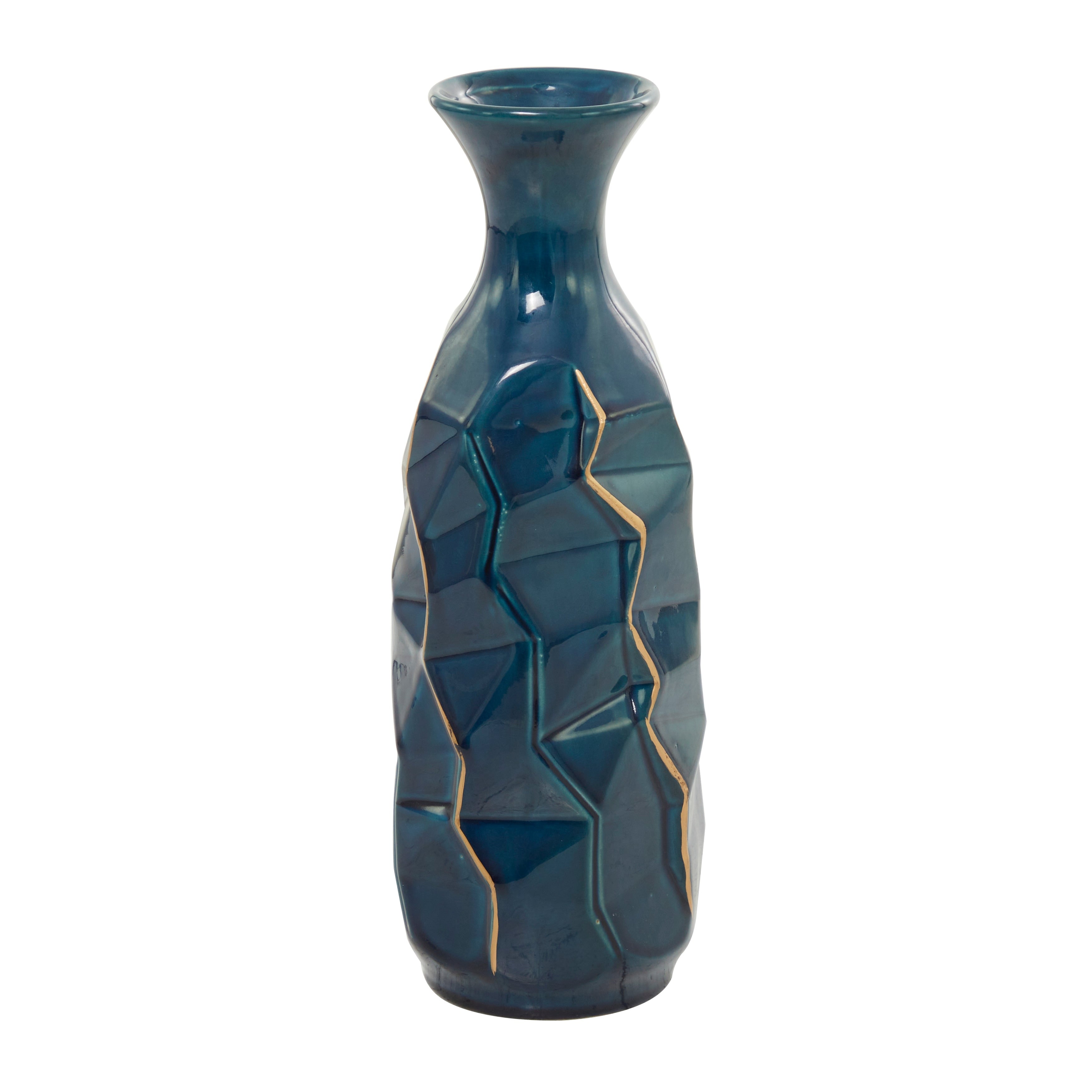 Ceramic Faceted Vase with Gold Accents - Teal - Roche River Decor