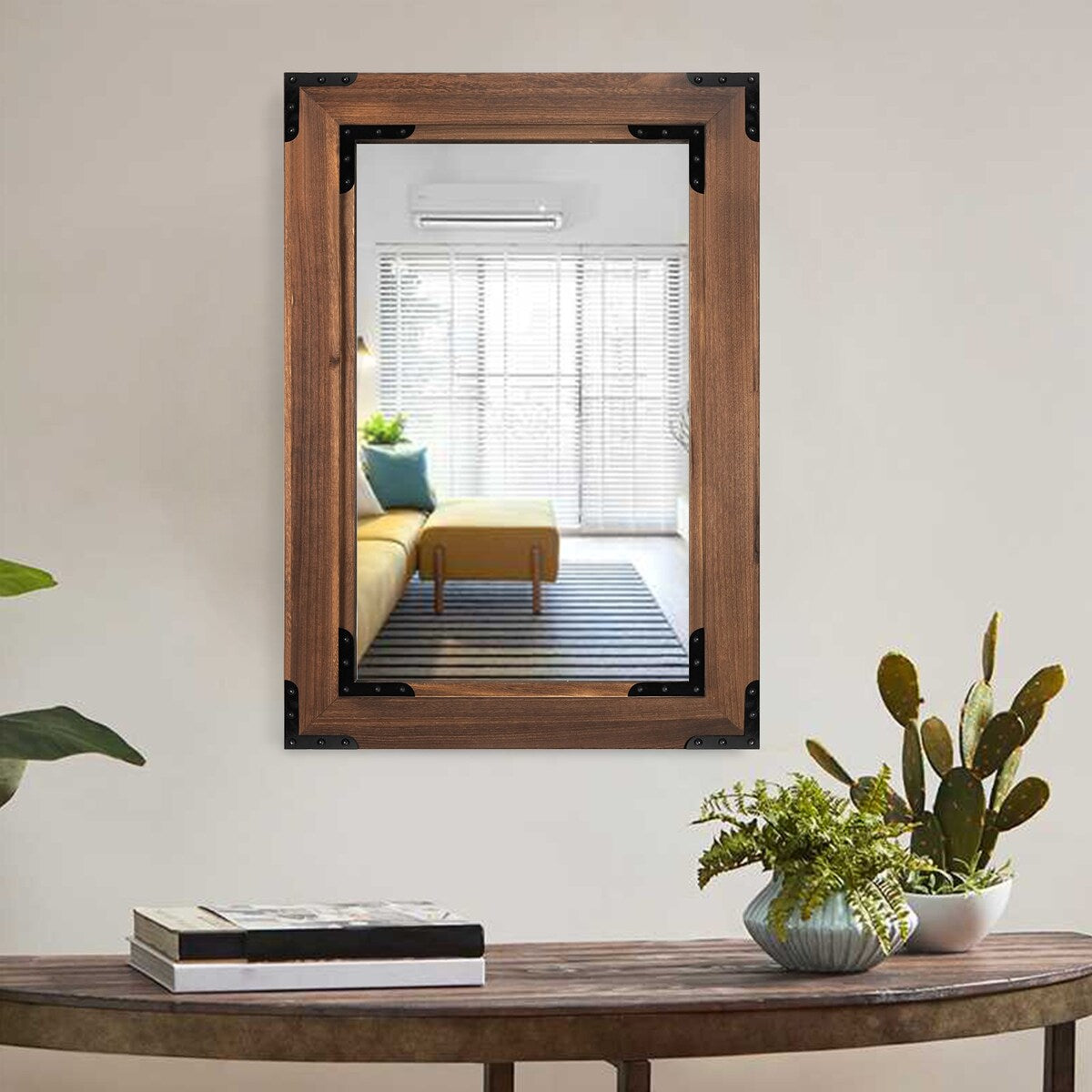 Rustic Wooden Framed Wall Mirror, Natural Wood Bathroom Vanity Mirror - Brown