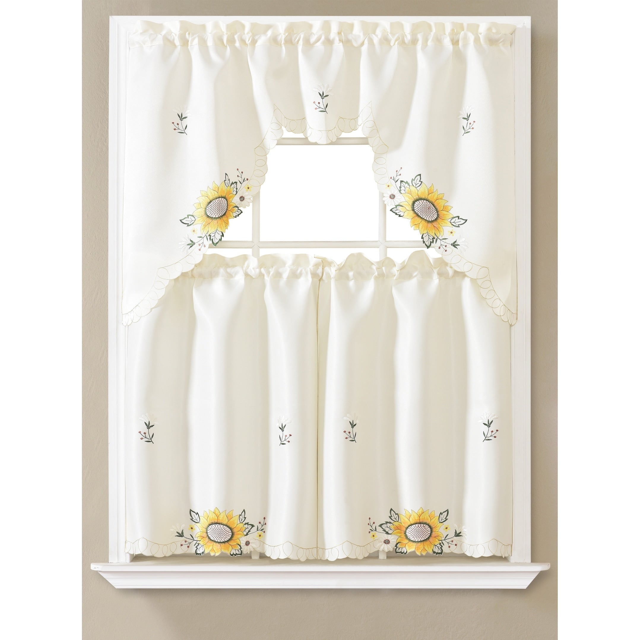 Daisy Floral Embroidered Kitchen Curtain Set with Valance & Tiers