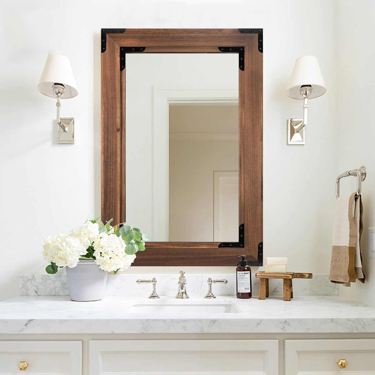 Rustic Wooden Framed Wall Mirror, Natural Wood Bathroom Vanity Mirror - Brown