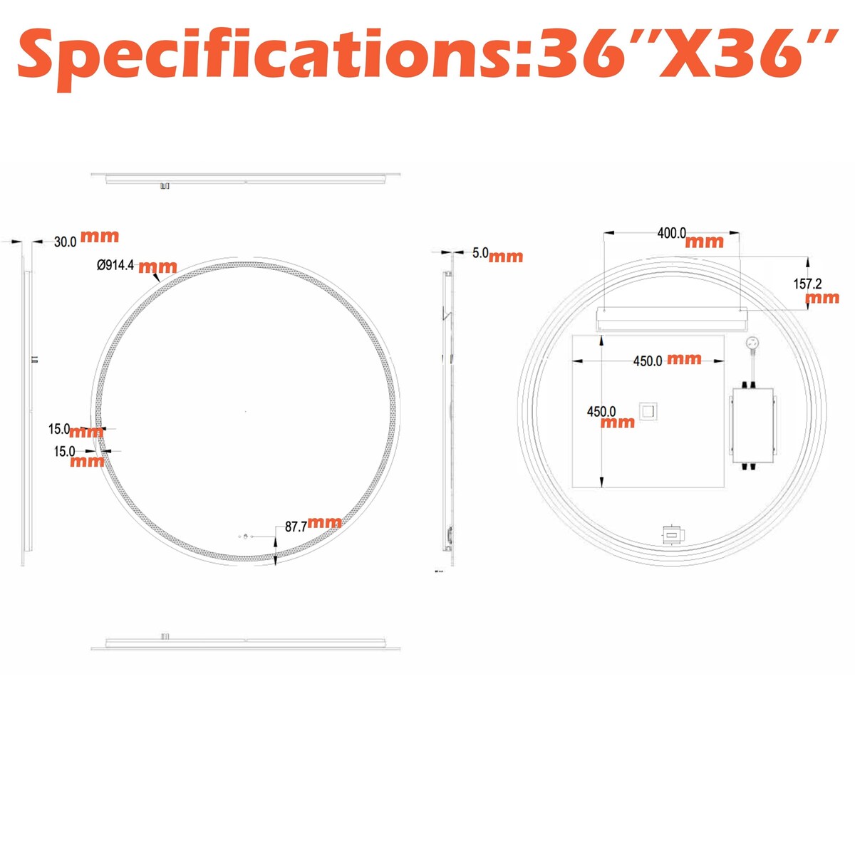 Round Smart LED Bathroom Mirror, 24''/30''/36'' Lighted Wall Mounted Vanity Mirror, Anti-fog, Frameless,Three Color, Dimmable