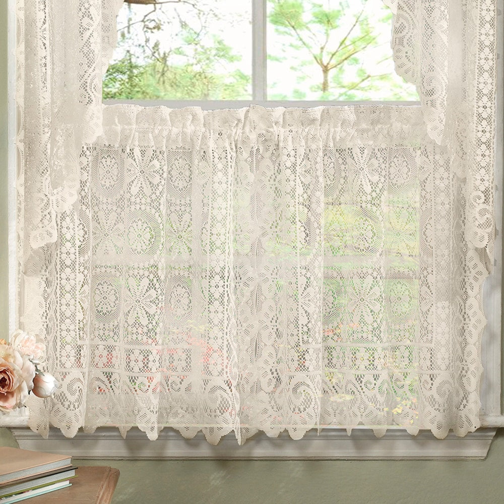 Luxurious Old World Style Lace Kitchen Curtains- Tiers OR Valance in Cream