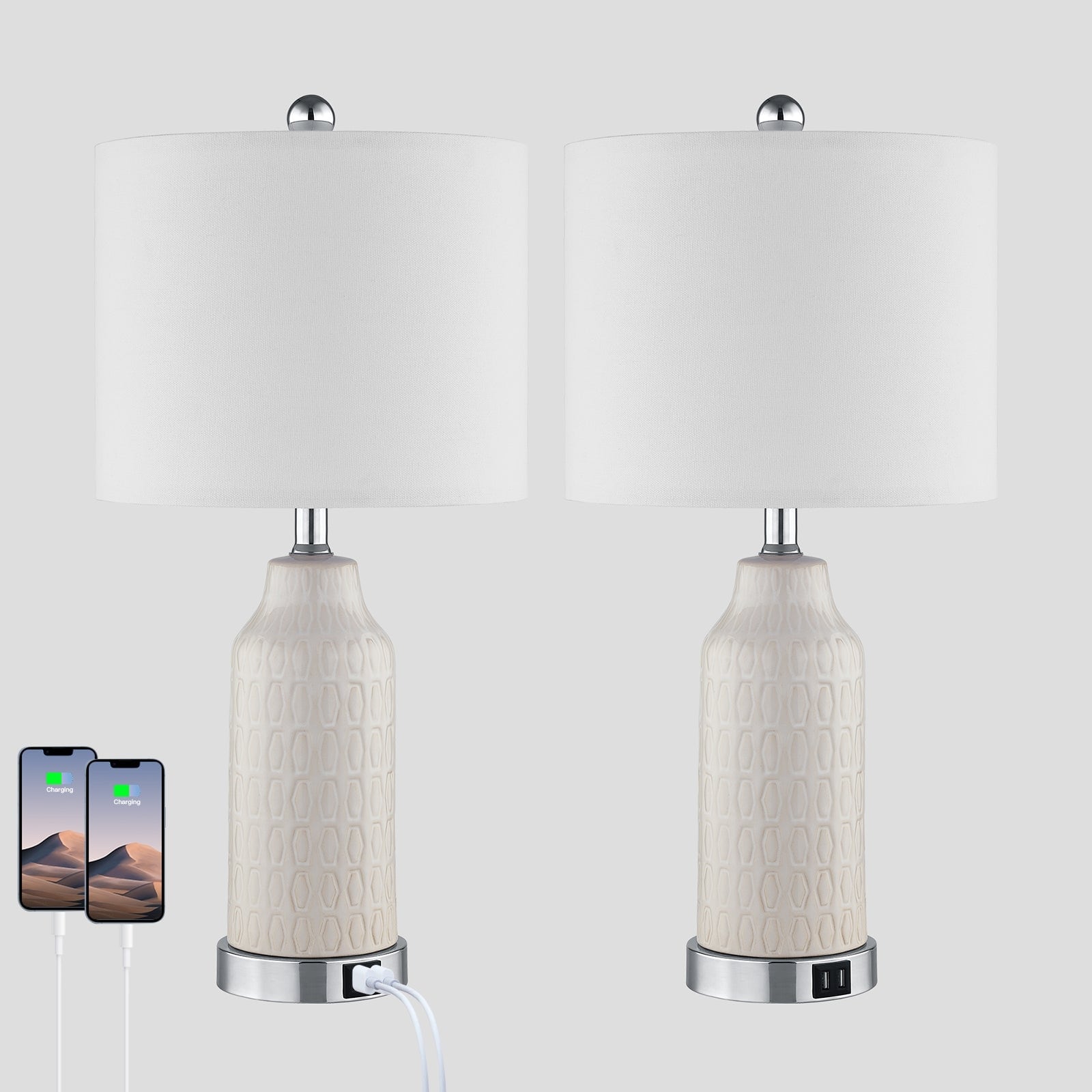 White Ceramic Table Lamps with 3-way Touch Dimming Switch & Dual USB Charging Ports & AC Outlet (Set of 2)