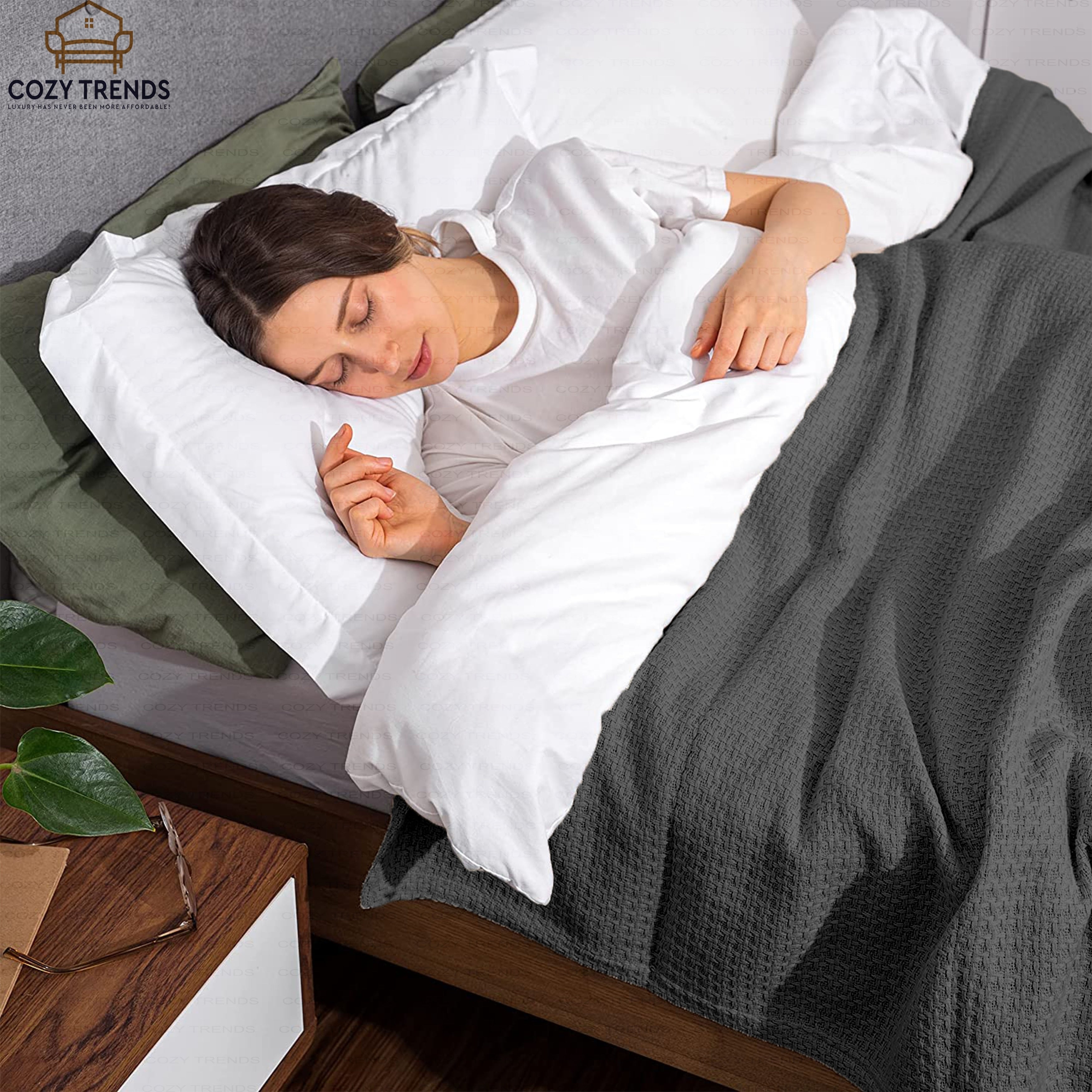 100% Cotton Basket Weave Thermal Bed Blanket Breathable Soft Layering All Season Medium Weight