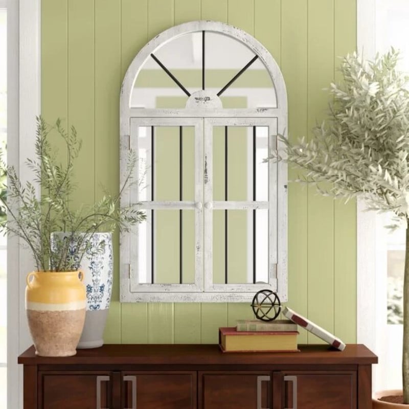 Distressed White Wood Arched Window Wall Mirror, 25 x 42