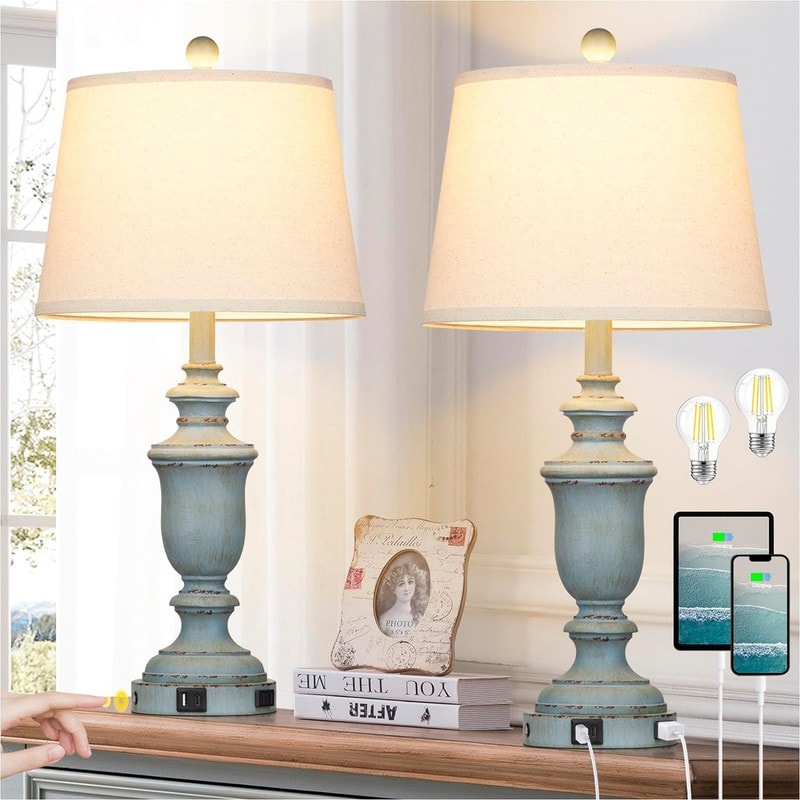 Rustic Table Lamp (Set of 2), 3-Way Dimmable Touch Lamp - 12.5D x 12.5W x 25.6H