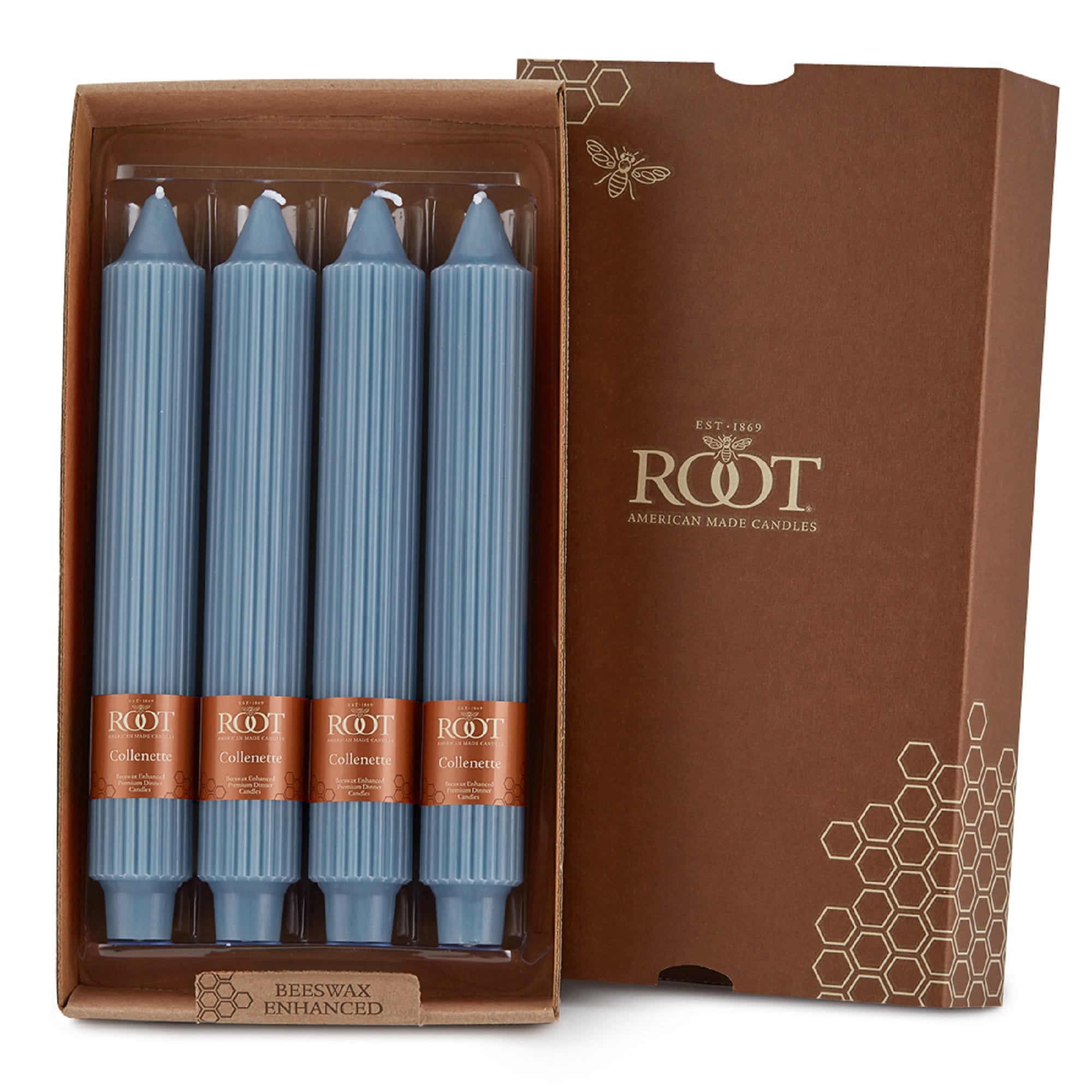 Root Unscented Grecian Collenette Taper Candles box of 4