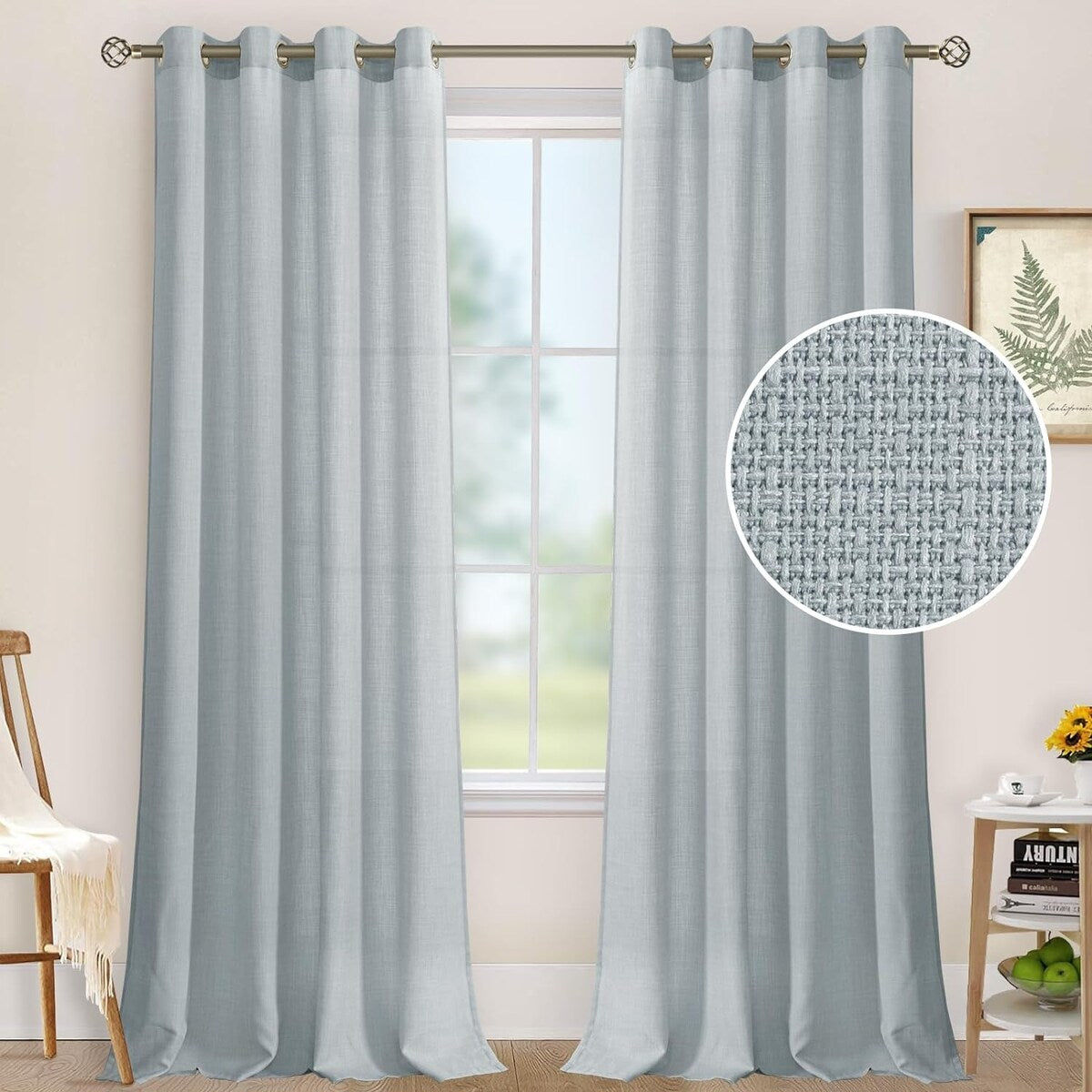 Natural Linen Curtains for Living Room, Faux Linen Textured Privacy Drapes Grommet Boho Panels, Set of 2 Panels