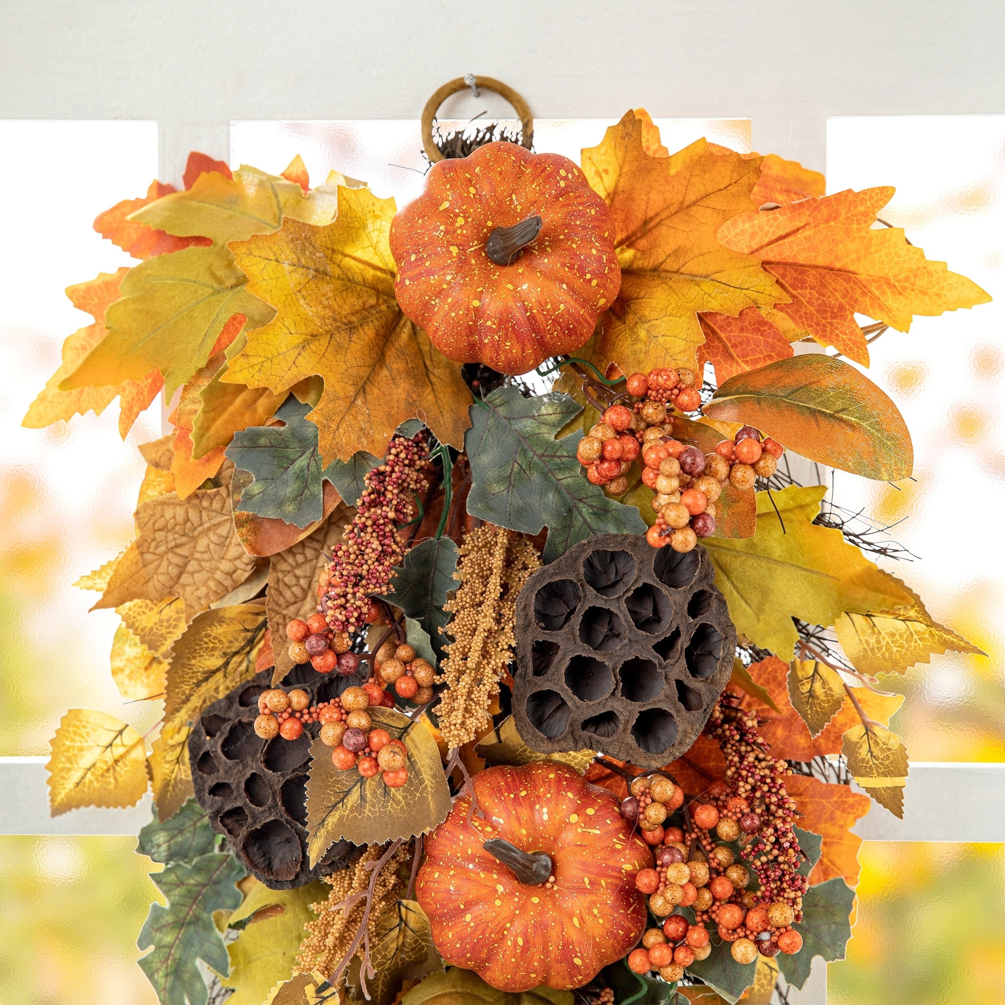 Glitzhome 26H Fall Sunflower Pumpkin Lotus Leaf Teardrop Swag for Thanksgiving