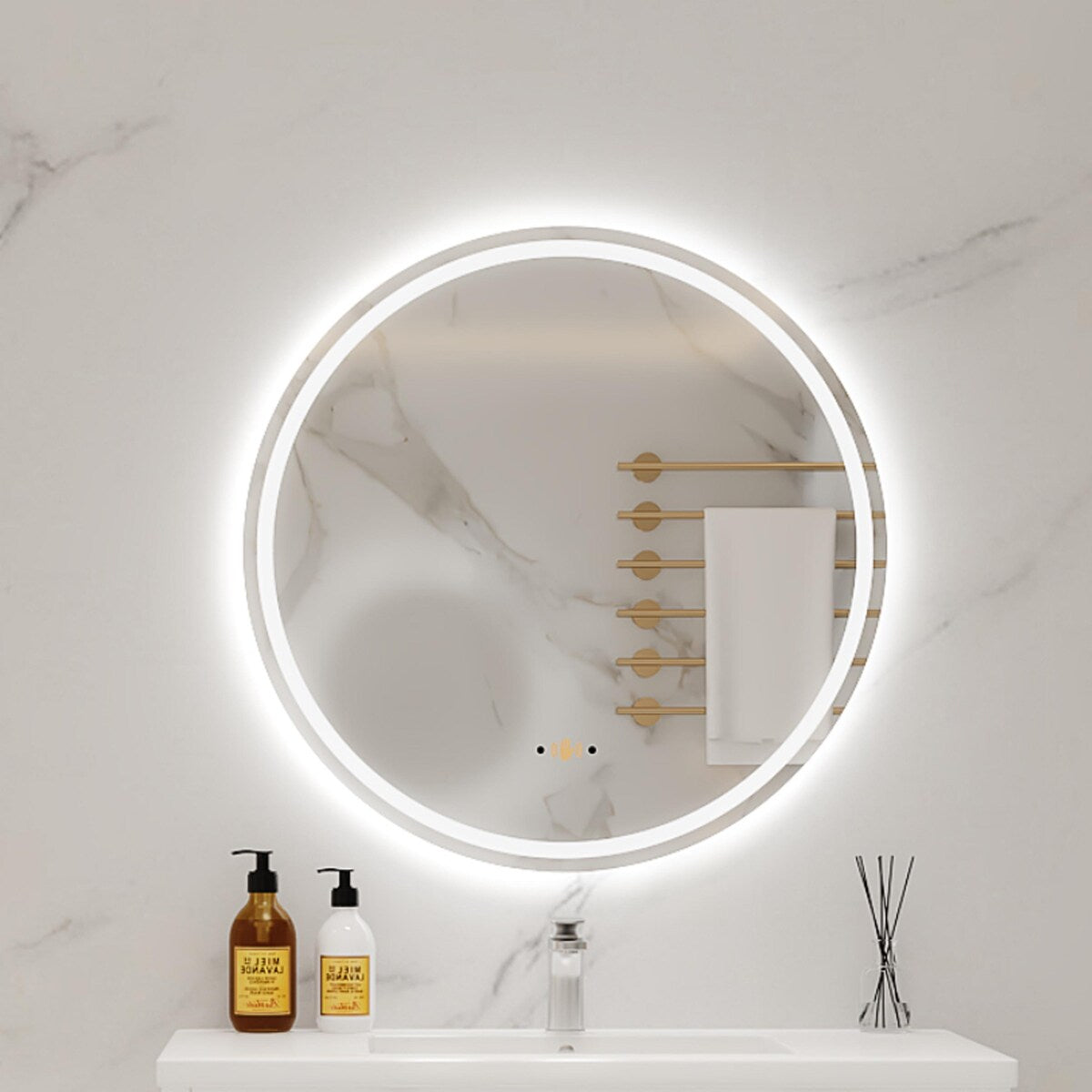 Round Smart LED Bathroom Mirror, 24''/30''/36'' Lighted Wall Mounted Vanity Mirror, Anti-fog, Frameless,Three Color, Dimmable