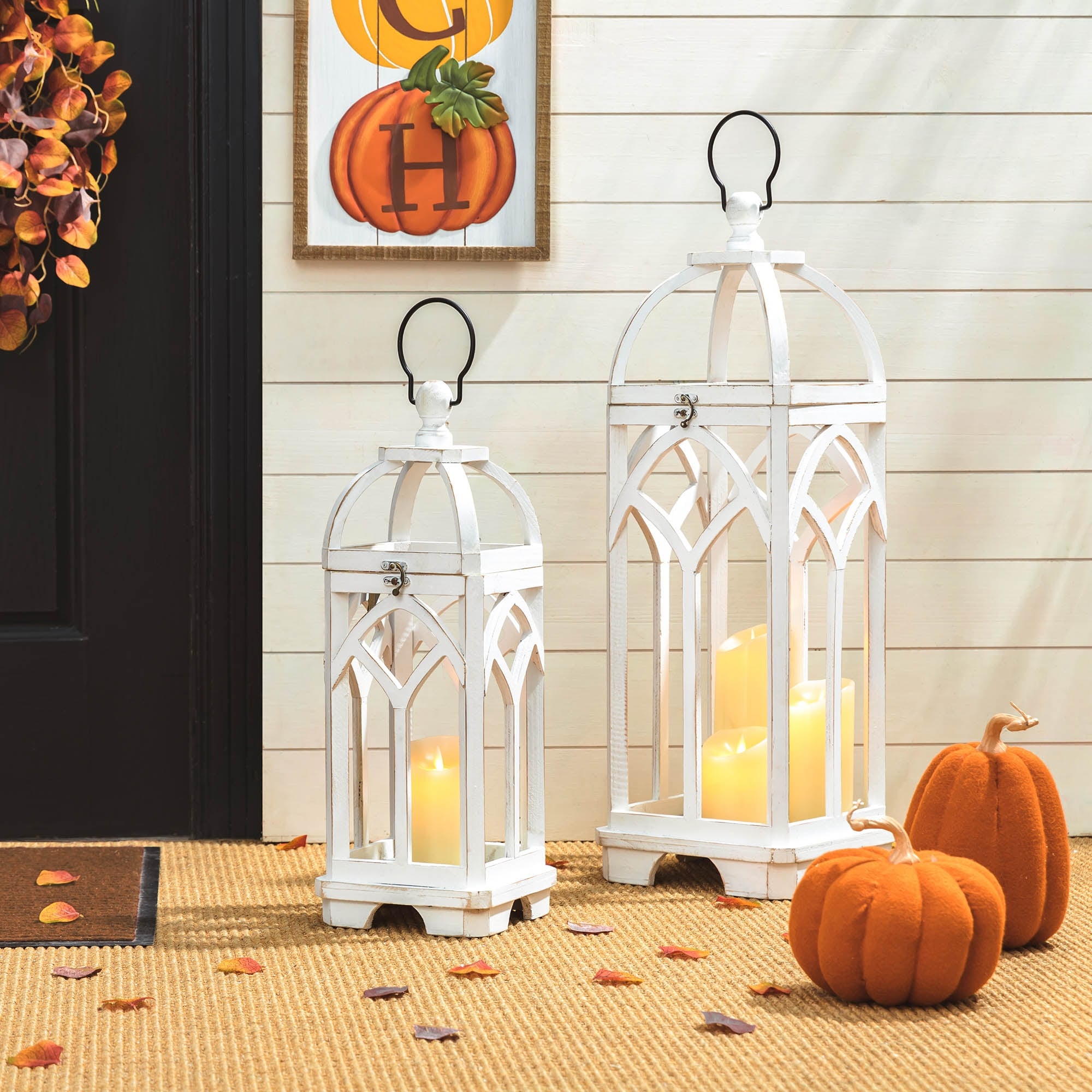 Glitzhome Set of 2 Wooden Church Style Fall Decorative Lanterns Candle Holders