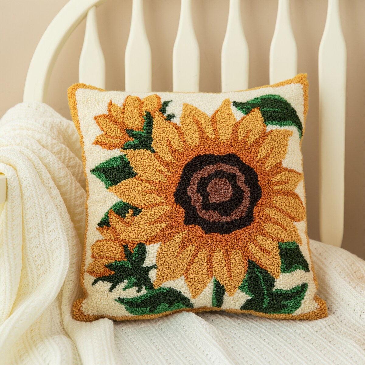 Glitzhome 14''H Fall Hooked Pumpkin & Sunflower Pillow