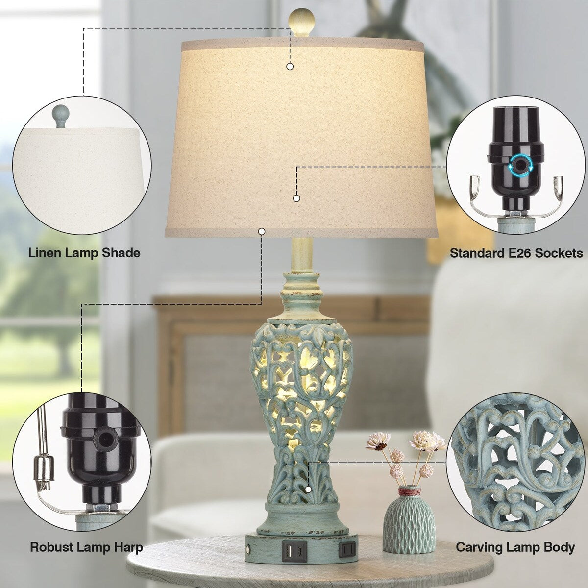 Resin Nightlight Table Lamp 2in1 with USB Charging Port & Type-C Charging Port & AC Outlet 2 Independent Switches (Set of 2)