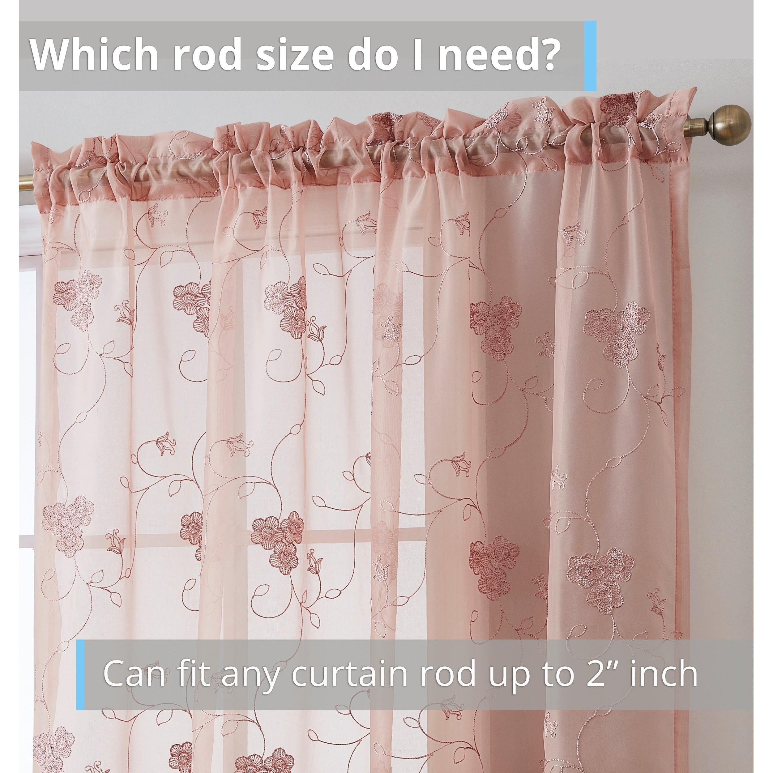 HLC.me Allegra Floral Vine Embroidered Sheer Light Filtering Window Curtain Drapery Rod Pocket Top Panels, Set of 2